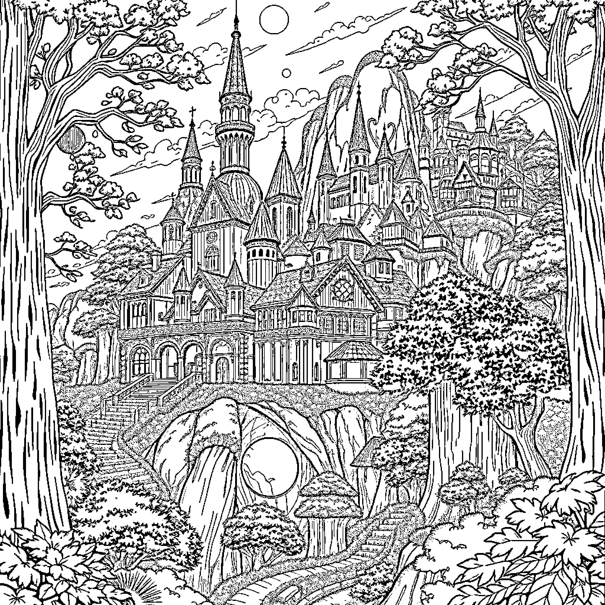 City of Enchanting Architectural Wonders Coloring Page (free black-and-white line drawing printable PDF for all, from beginners to advanced learners, including children, teens, adults, and seniors)
