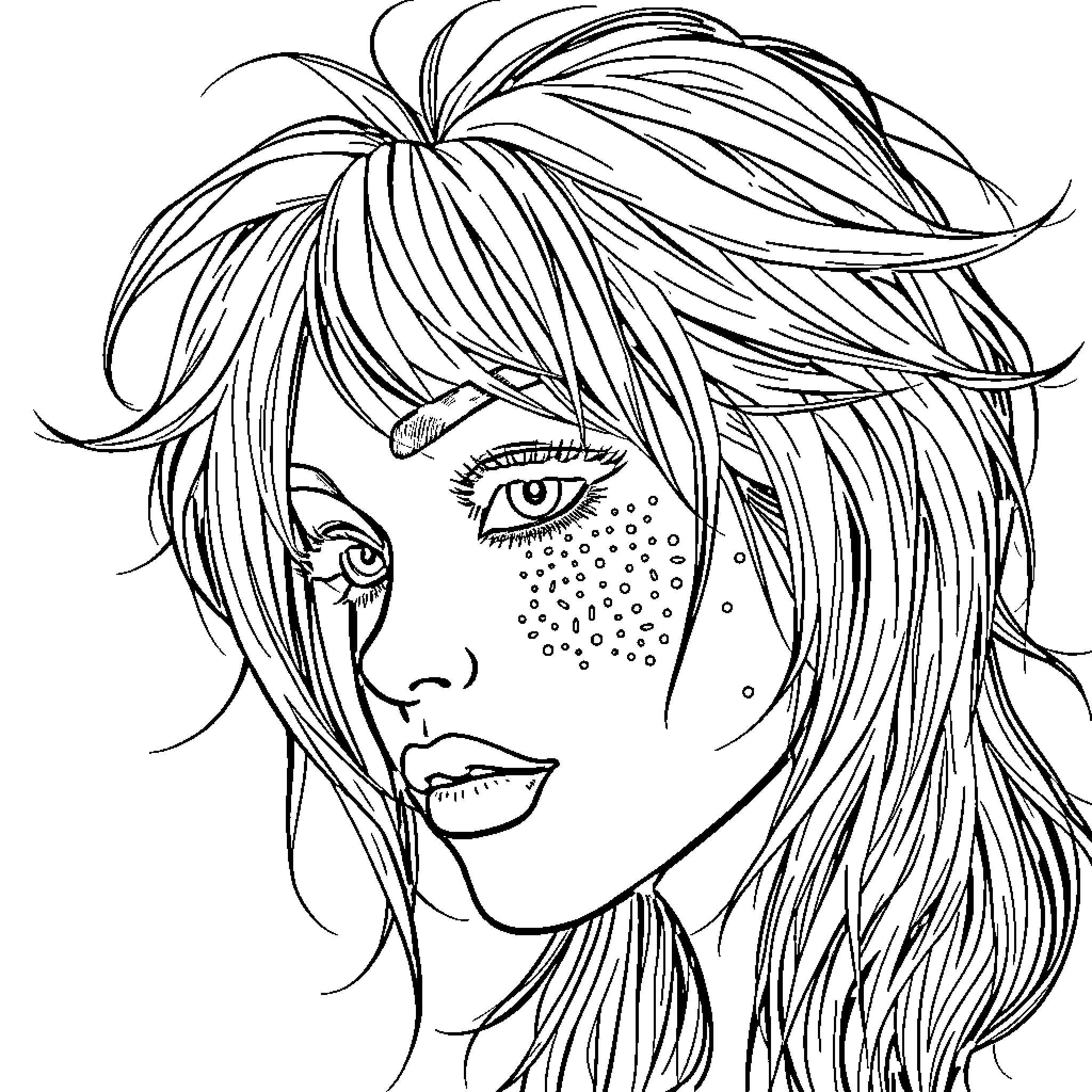 Coiffeuse in contemplative expression Coloring Page (free black-and-white line drawing printable PDF for all, from beginners to advanced learners, including children, teens, adults, and seniors)