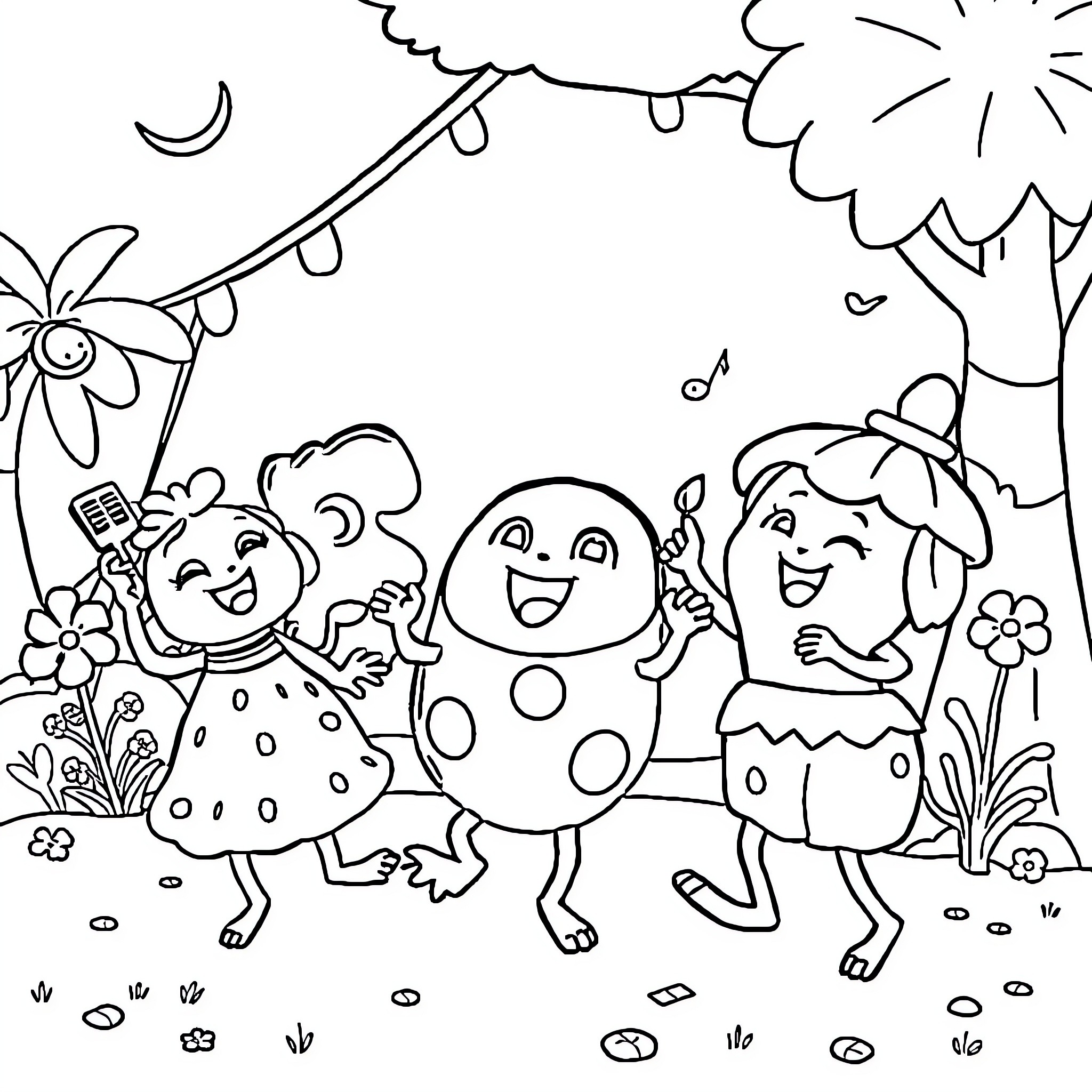 Cocomelon Characters Playing Happily in Nature Coloring Page (free black-and-white line drawing printable PDF for all, from beginners to advanced learners, including children, teens, adults, and seniors)