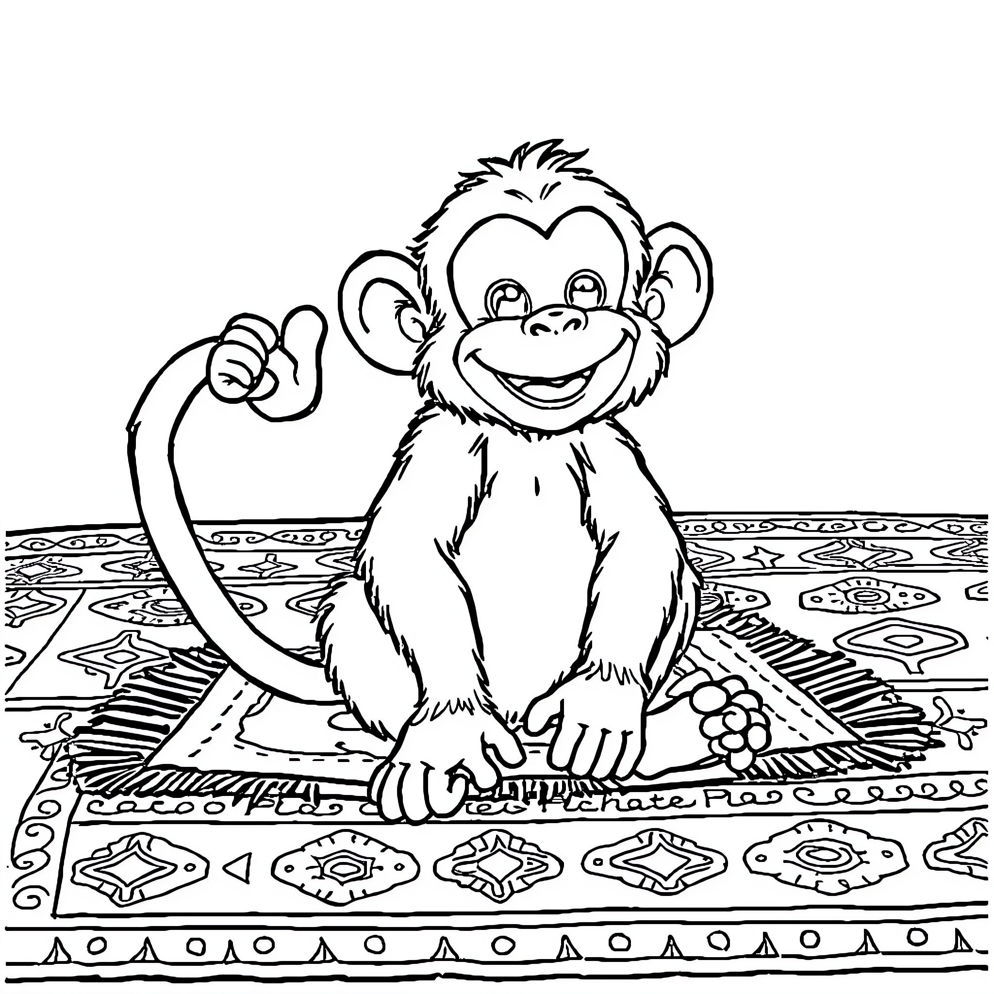 Monkey cheerfully sitting on a patterned surface Coloring Page (free black-and-white line drawing printable PDF for all, from beginners to advanced learners, including children, teens, adults, and seniors)