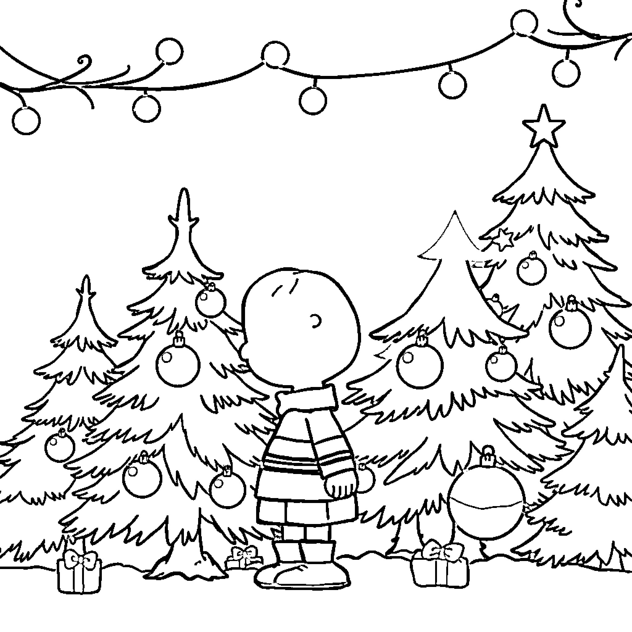 Charlie Brown admiring the Christmas trees and decorations Coloring Page (free black-and-white line drawing printable PDF for all, from beginners to advanced learners, including children, teens, adults, and seniors)