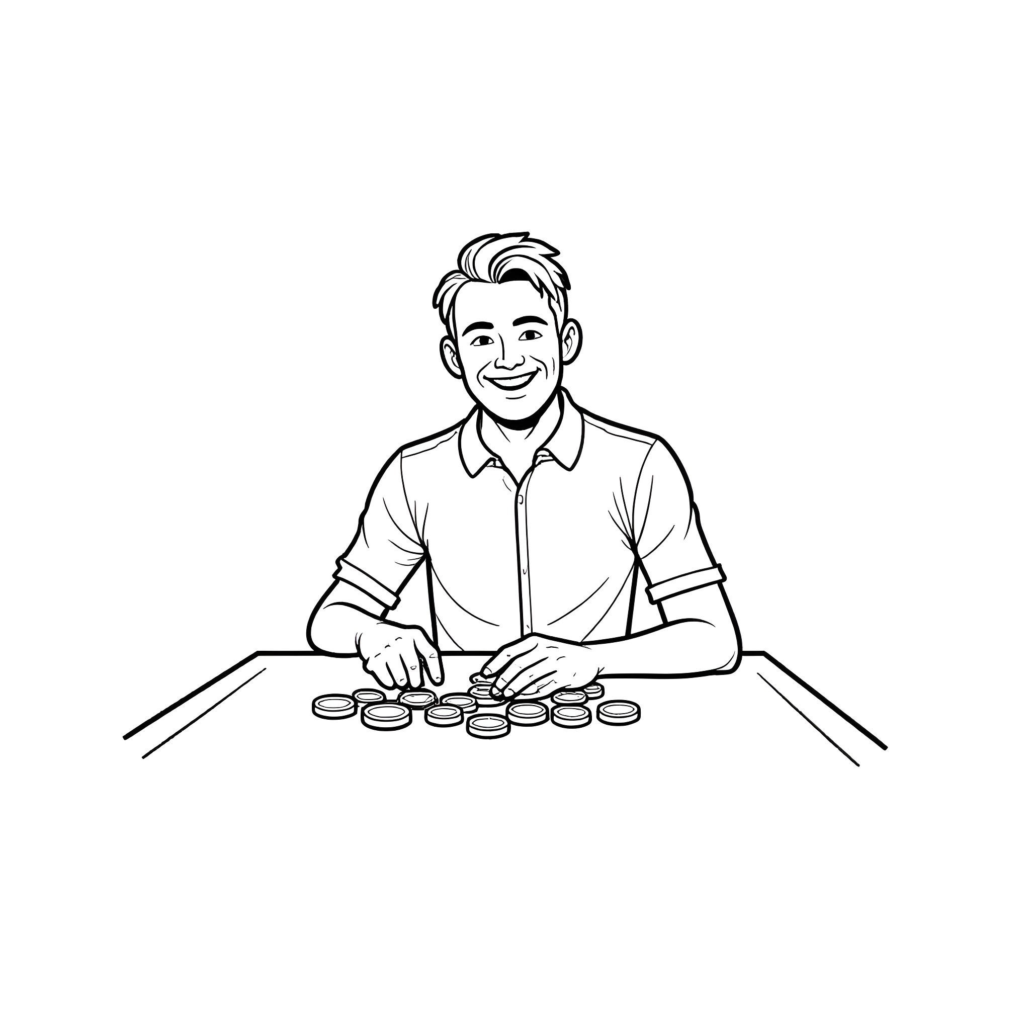 Man playing board game with enthusiasm Coloring Page (free black-and-white line drawing printable PDF for all, from beginners to advanced learners, including children, teens, adults, and seniors)