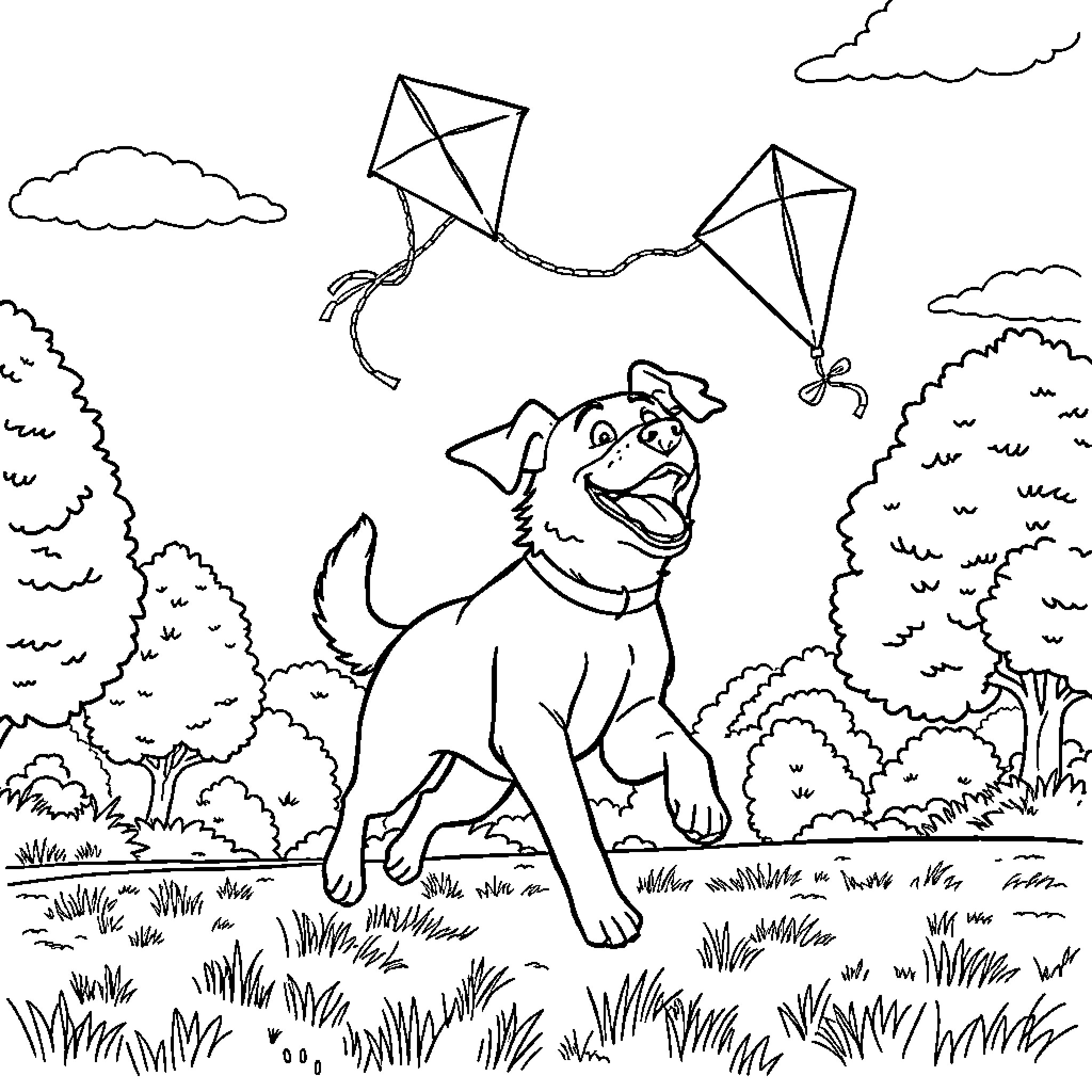 Dog joyfully chasing kites in the park Coloring Page (free black-and-white line drawing printable PDF for all, from beginners to advanced learners, including children, teens, adults, and seniors)