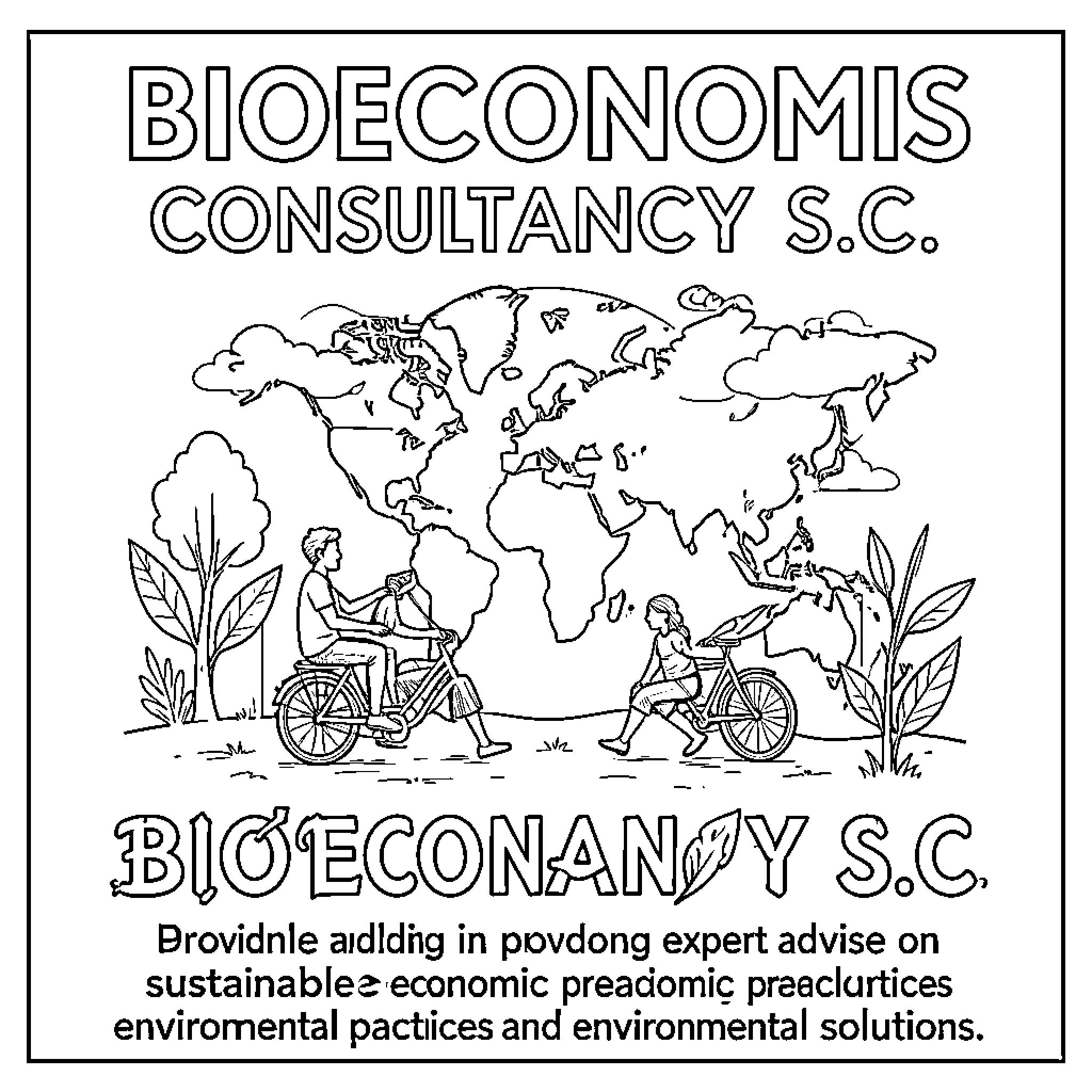 BIOECONOMIS people cycling near a world map and plants Coloring Page (free black-and-white line drawing printable PDF for all, from beginners to advanced learners, including children, teens, adults, and seniors)