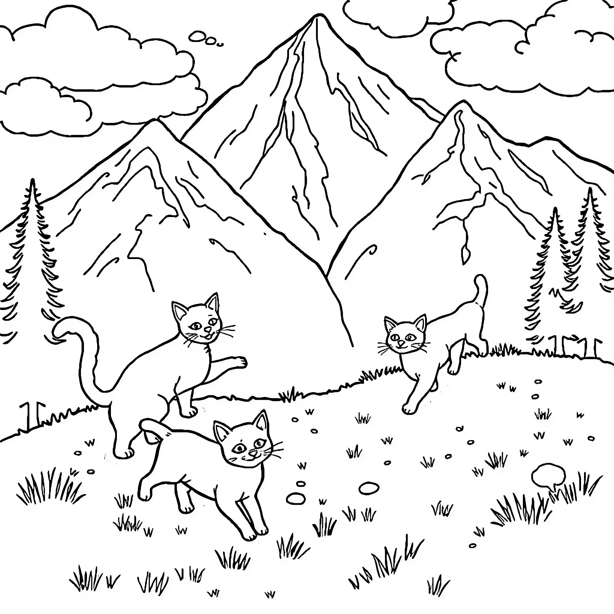 Cats exploring the mountain landscape Coloring Page (free black-and-white line drawing printable PDF for all, from beginners to advanced learners, including children, teens, adults, and seniors)