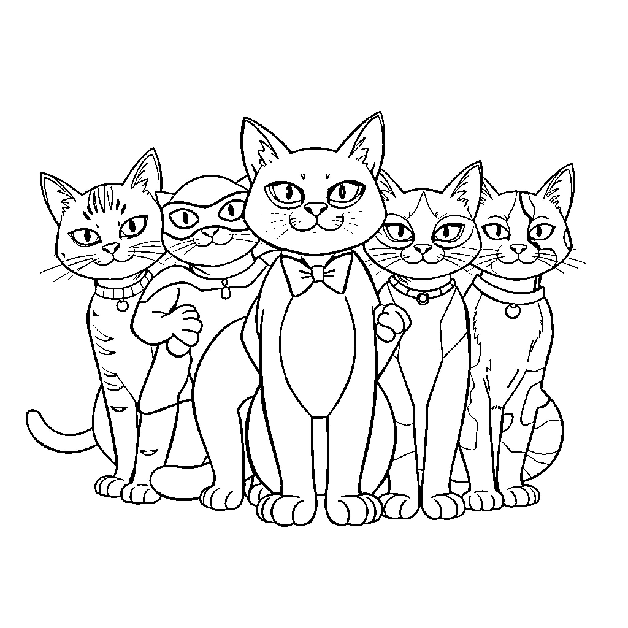 Cat family in formal attire Coloring Page (free black-and-white line drawing printable PDF for all, from beginners to advanced learners, including children, teens, adults, and seniors)