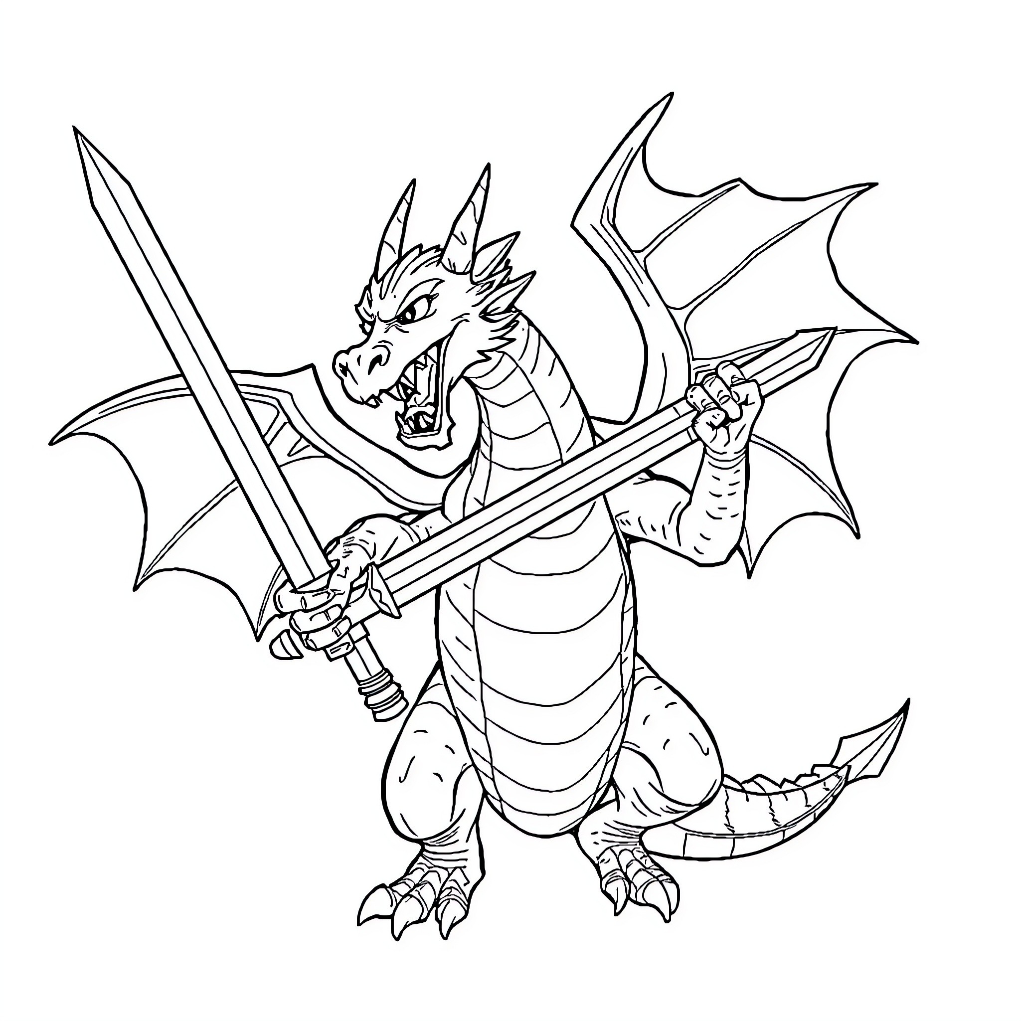 Dragon Warrior Wielding Sword in Battle Stance Coloring Page (free black-and-white line drawing printable PDF for all, from beginners to advanced learners, including children, teens, adults, and seniors)