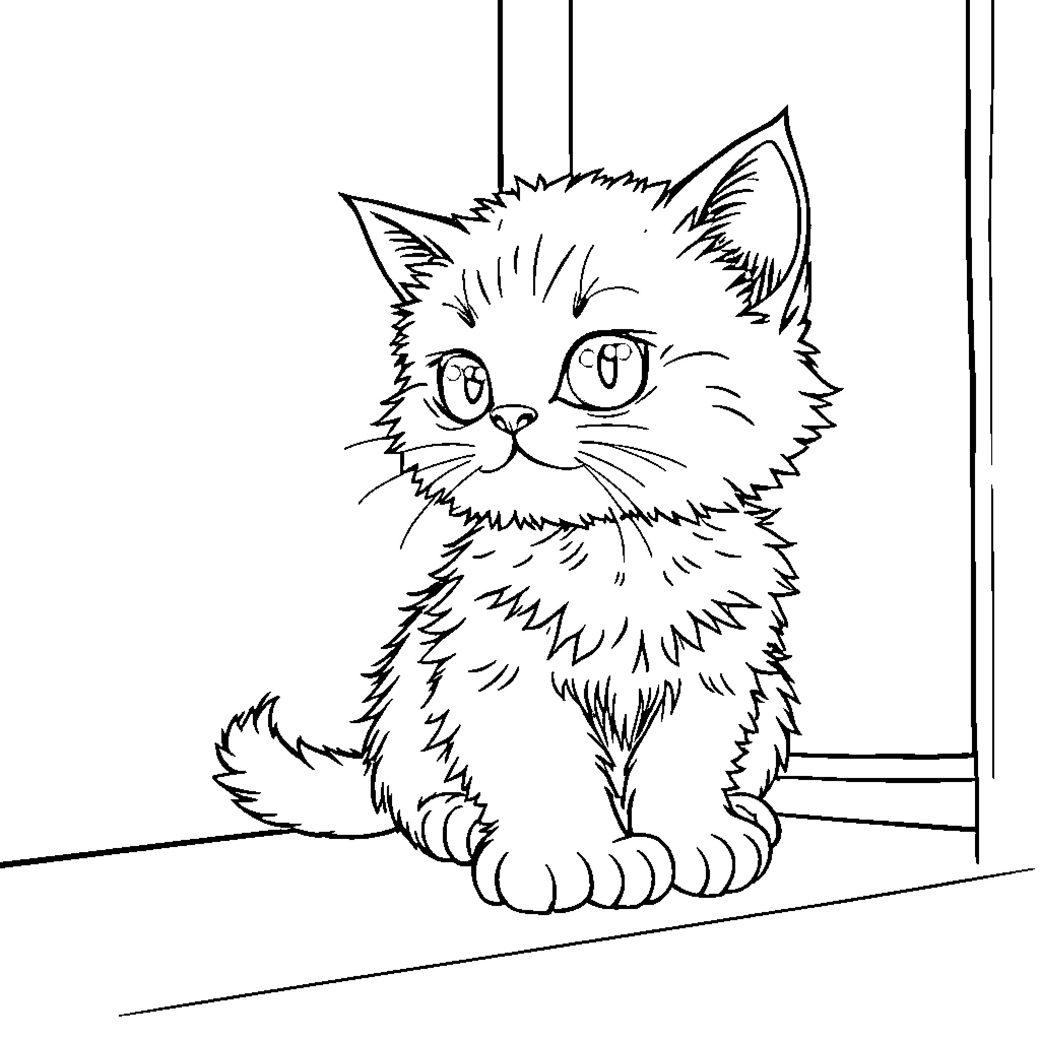 Cat with adorable facial expression Coloring Page (free black-and-white line drawing printable PDF for all, from beginners to advanced learners, including children, teens, adults, and seniors)