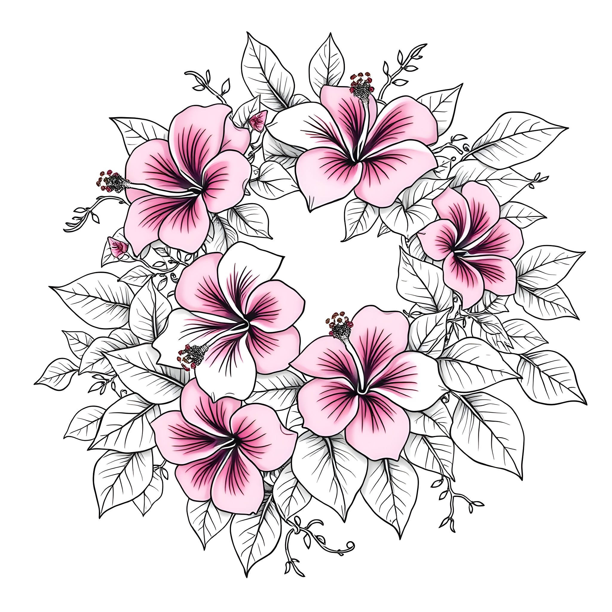 Hibiscus Blooming with Elegant Floral Arrangement Coloring Page (free black-and-white line drawing printable PDF for all, from beginners to advanced learners, including children, teens, adults, and seniors)