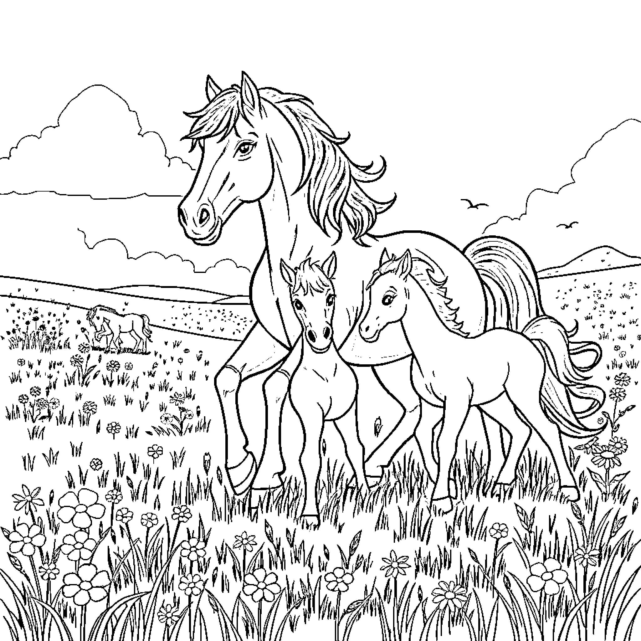 Horse family in a meadow scene Coloring Page (free black-and-white line drawing printable PDF for all, from beginners to advanced learners, including children, teens, adults, and seniors)
