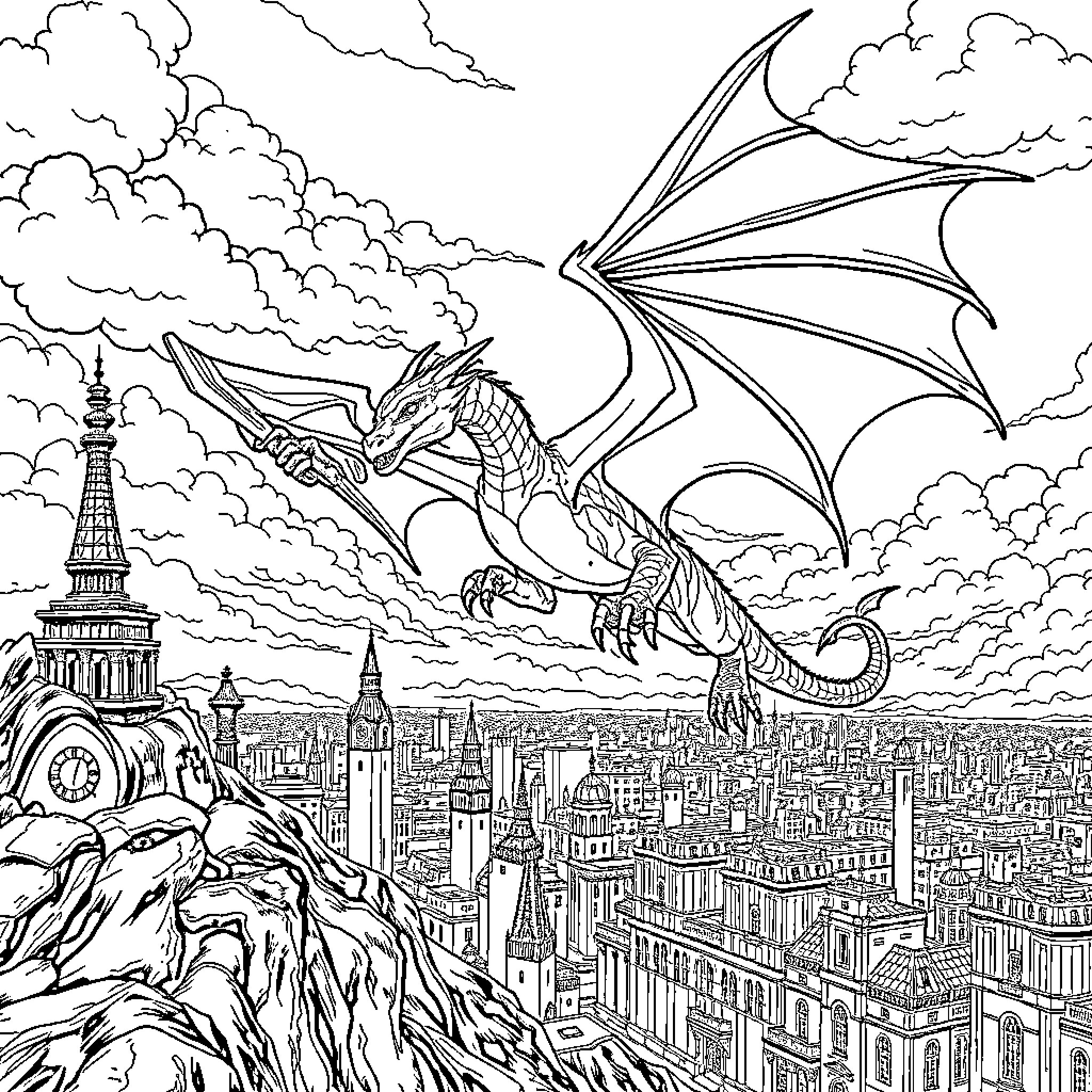 Dragon soaring above a fantasy city landscape Coloring Page (free black-and-white line drawing printable PDF for all, from beginners to advanced learners, including children, teens, adults, and seniors)