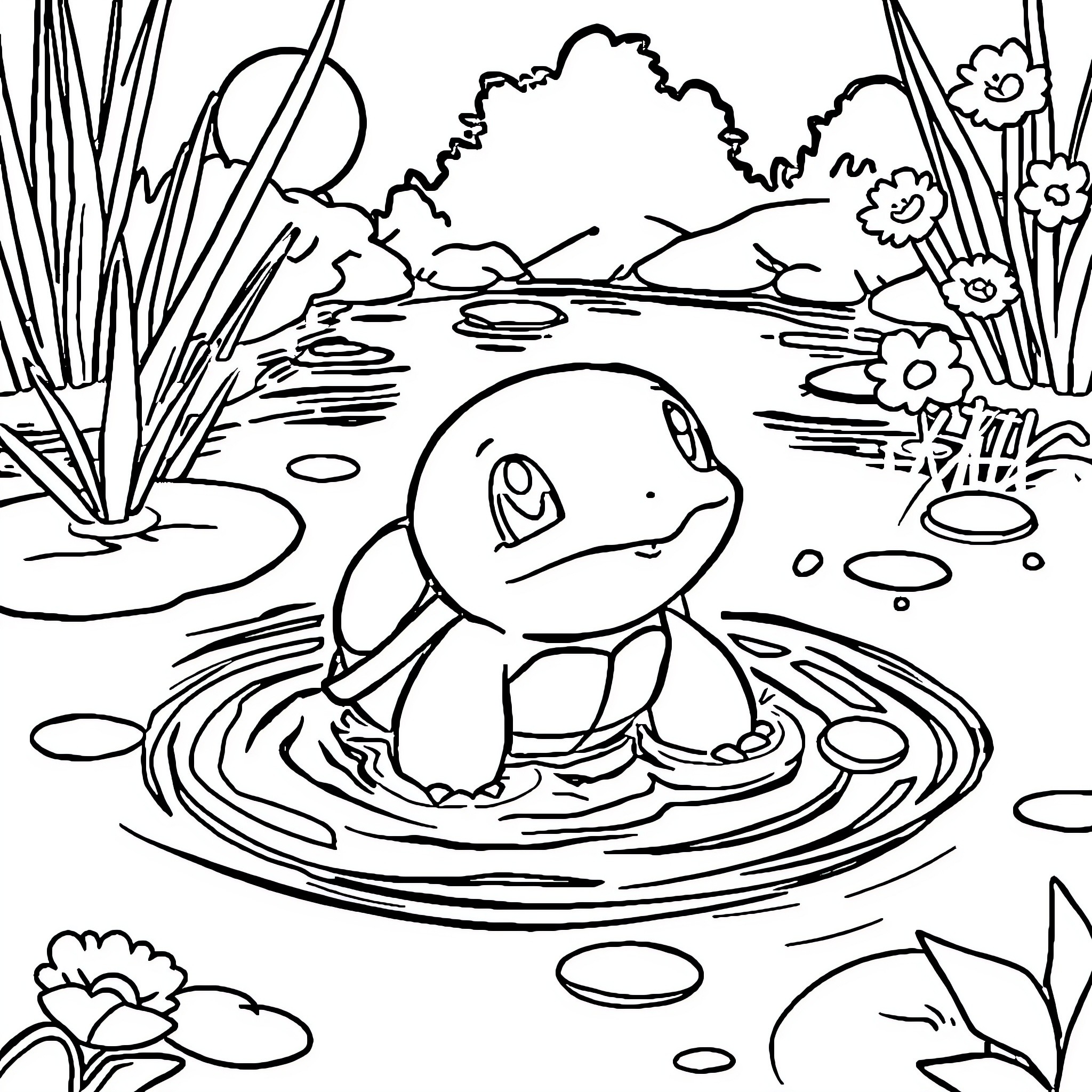 Squirtle relaxing in a peaceful pond Coloring Page (free black-and-white line drawing printable PDF for all, from beginners to advanced learners, including children, teens, adults, and seniors)