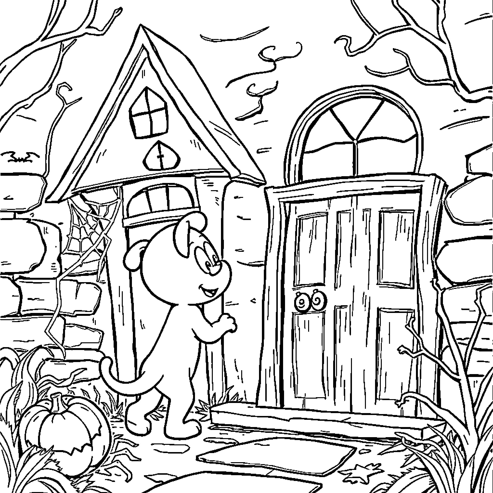 Bluey explores the enchanted forest cottage Coloring Page (free black-and-white line drawing printable PDF for all, from beginners to advanced learners, including children, teens, adults, and seniors)