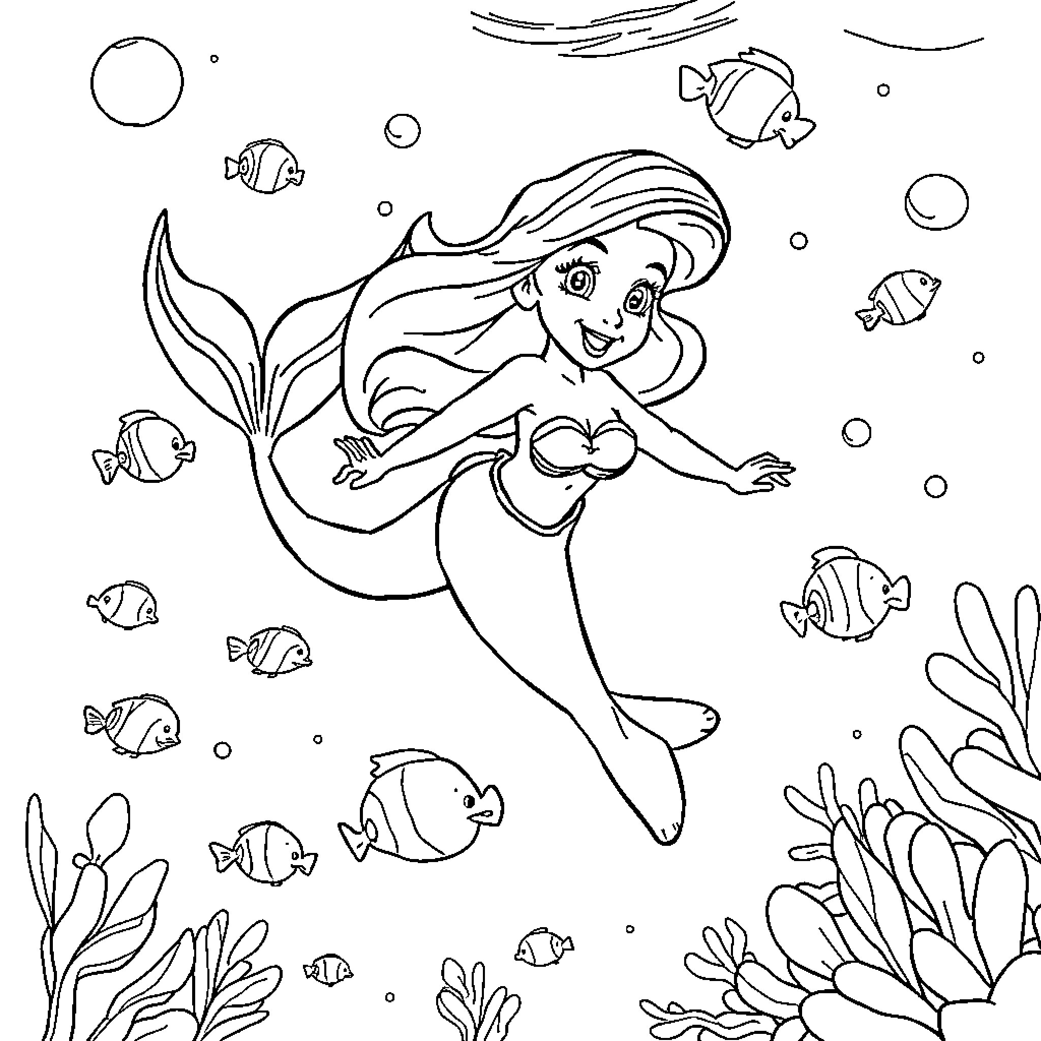 Ariel swimming happily among sea creatures Coloring Page (free black-and-white line drawing printable PDF for all, from beginners to advanced learners, including children, teens, adults, and seniors)