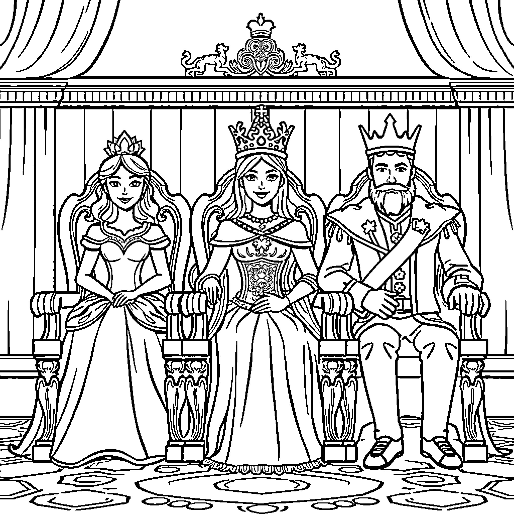 Princess and royal family in grand throne room Coloring Page (free black-and-white line drawing printable PDF for all, from beginners to advanced learners, including children, teens, adults, and seniors)
