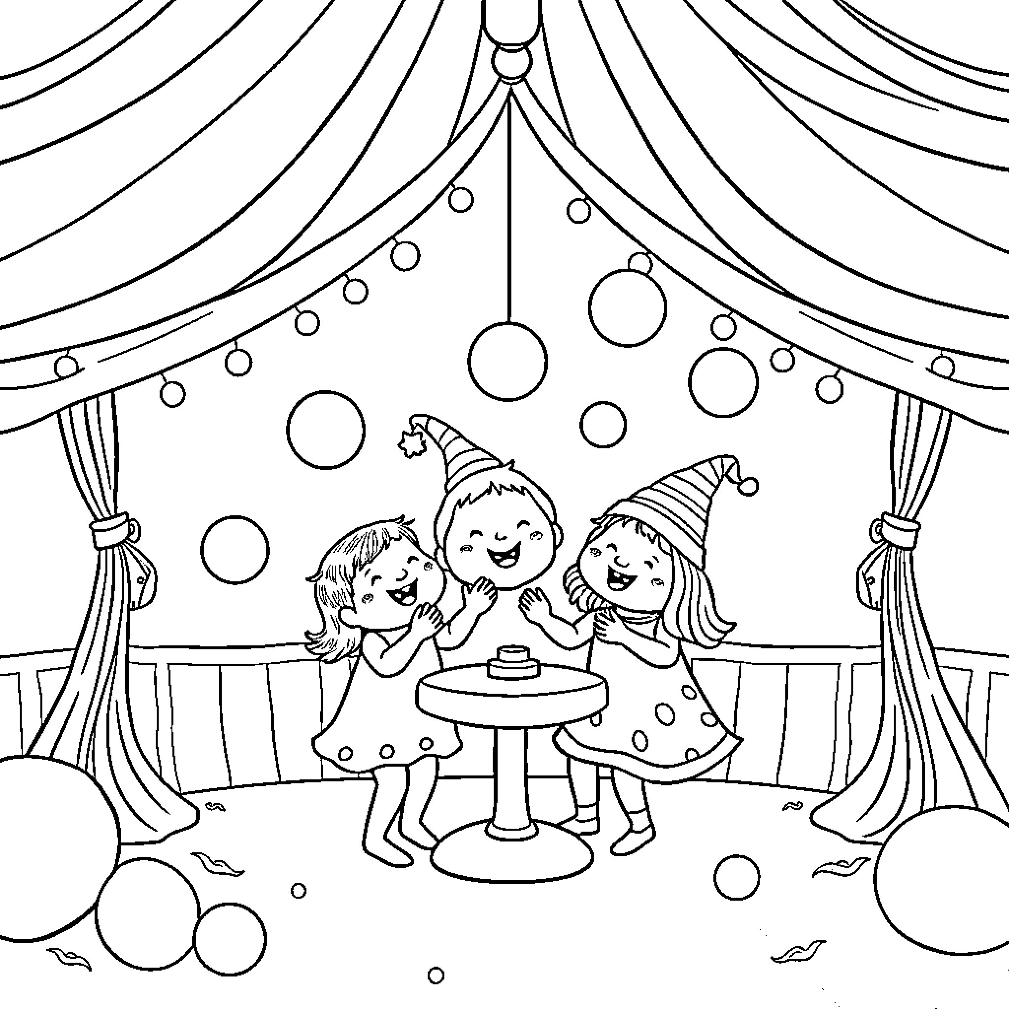 Friends enjoying a festive celebration Coloring Page (free black-and-white line drawing printable PDF for all, from beginners to advanced learners, including children, teens, adults, and seniors)