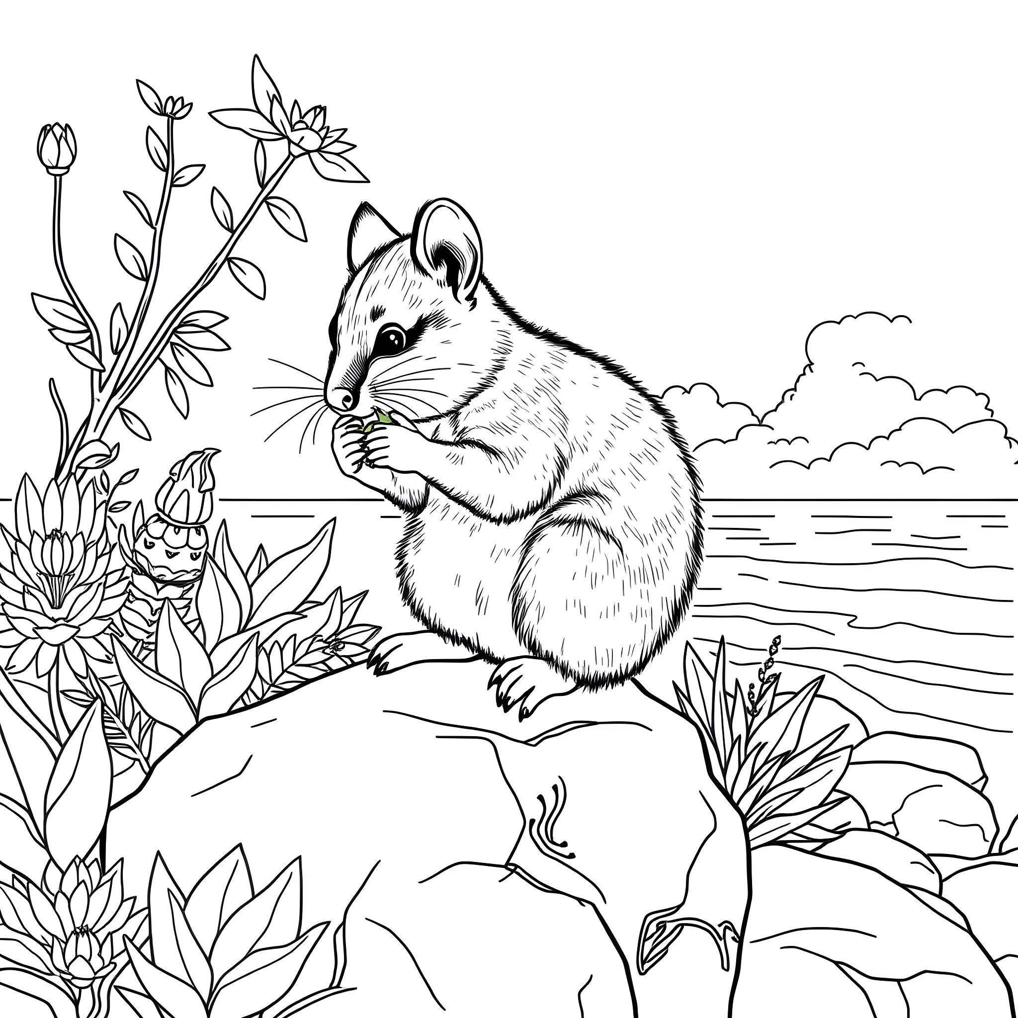 Quokka Exploring the Blooming Landscape Coloring Page (free black-and-white line drawing printable PDF for all, from beginners to advanced learners, including children, teens, adults, and seniors)