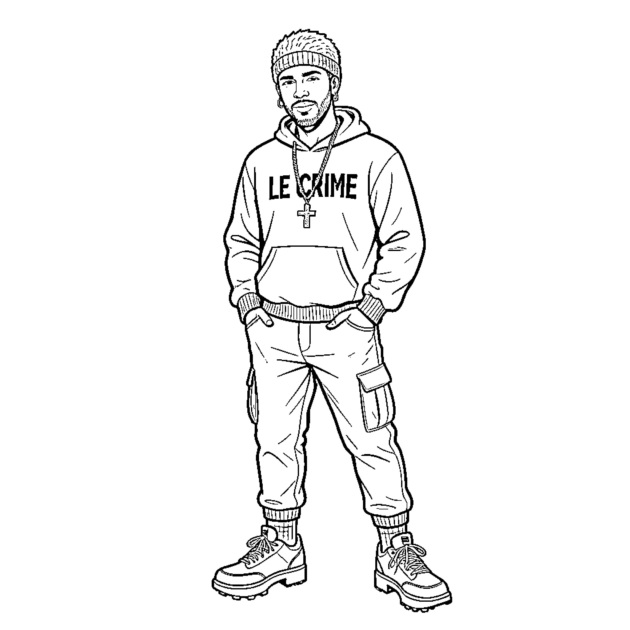 Rappeur standing confidently wearing a hoodie and beanie Coloring Page (free black-and-white line drawing printable PDF for all, from beginners to advanced learners, including children, teens, adults, and seniors)