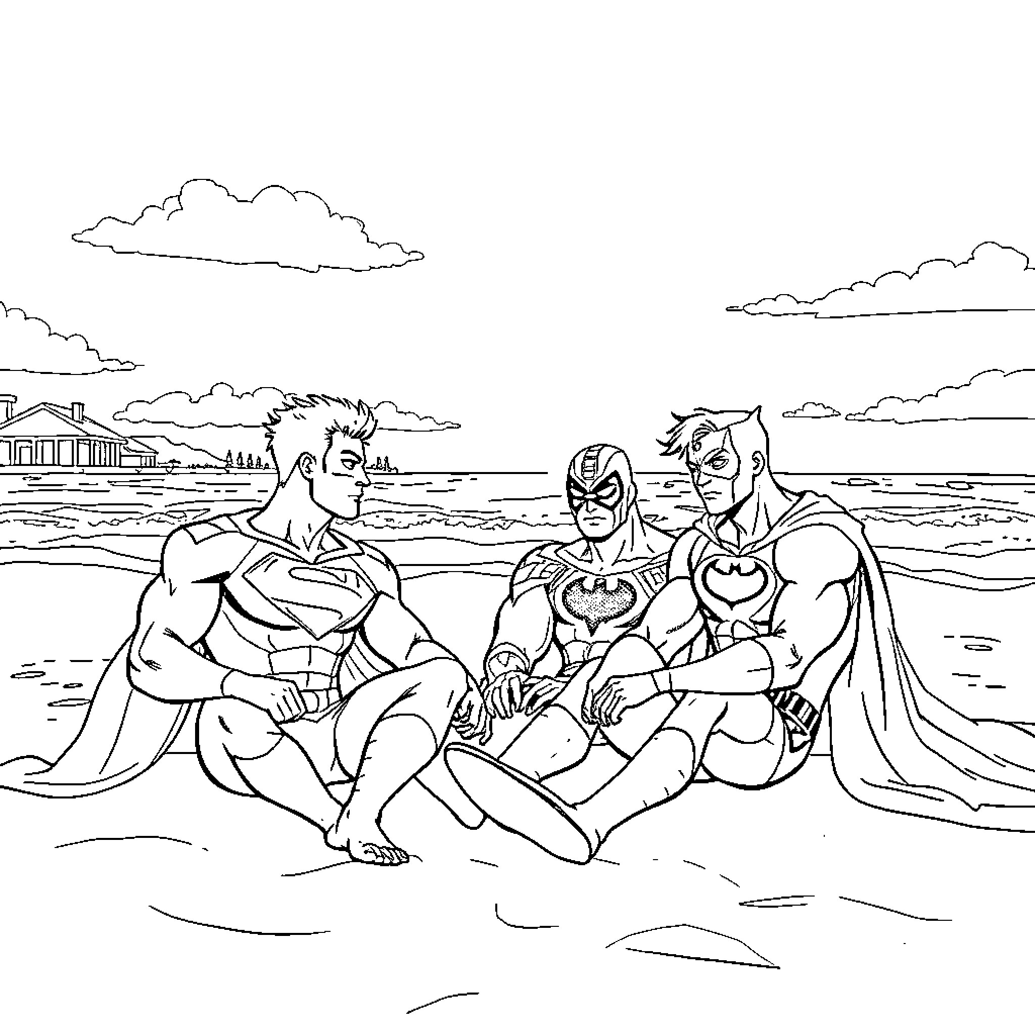 Superheroes Resting on Beach Coloring Page (free black-and-white line drawing printable PDF for all, from beginners to advanced learners, including children, teens, adults, and seniors)