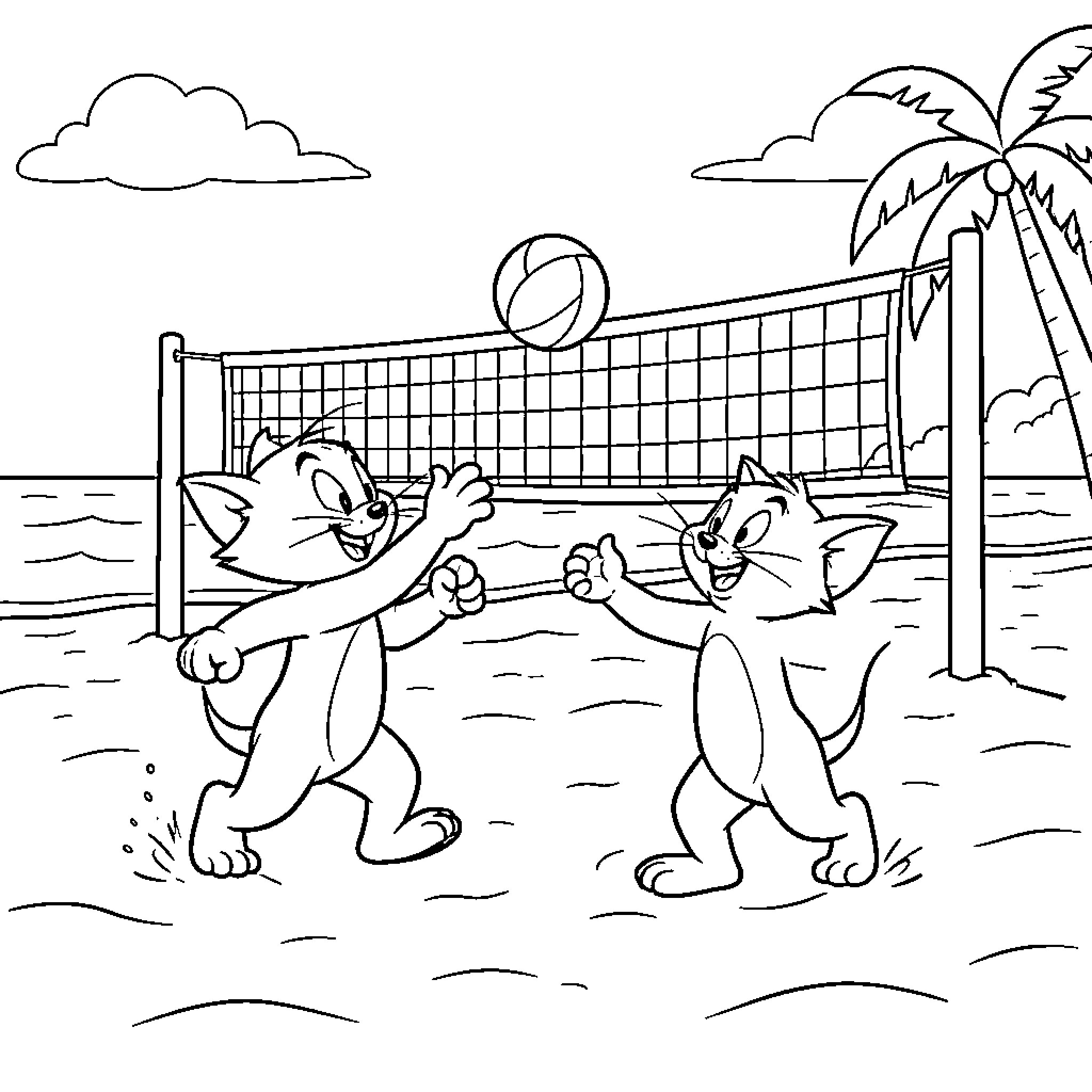 Tom et Jerry playing volleyball on the beach Coloring Page (free black-and-white line drawing printable PDF for all, from beginners to advanced learners, including children, teens, adults, and seniors)