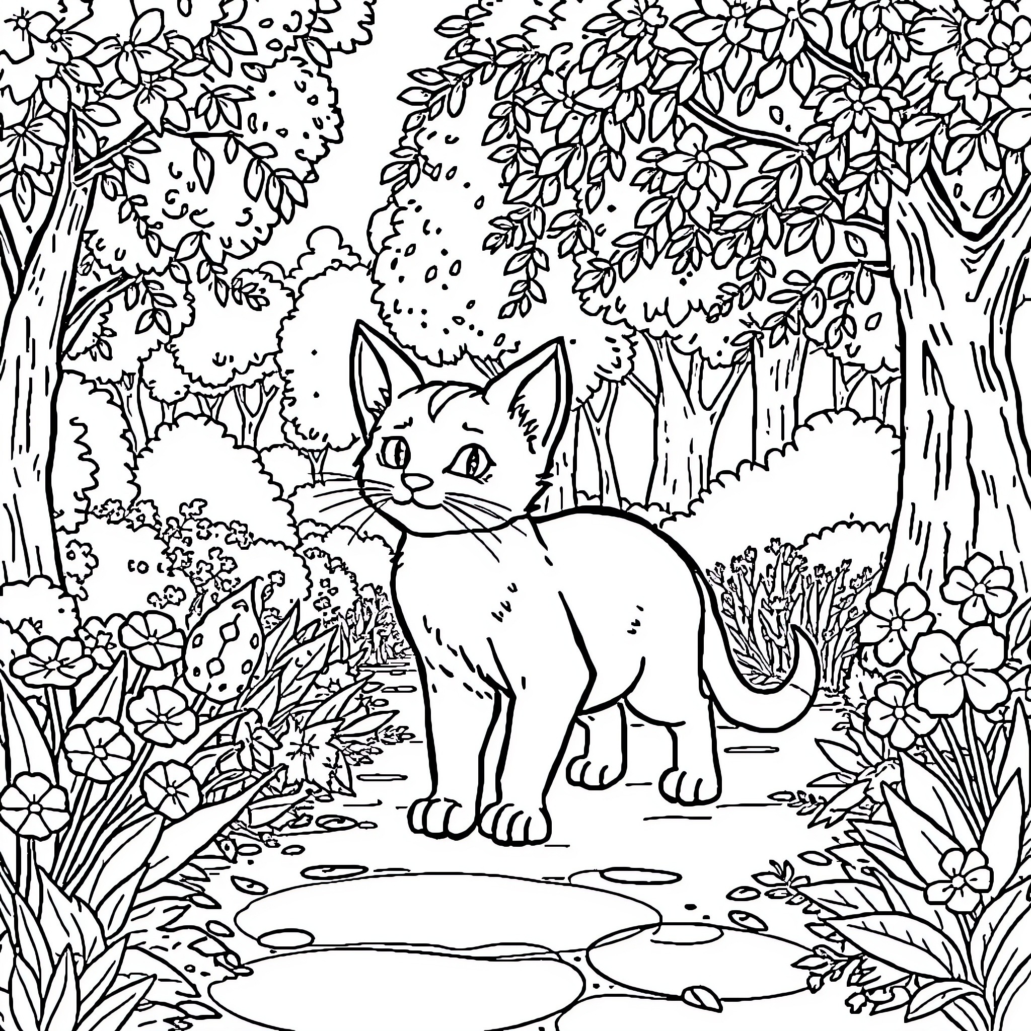 Gatito exploring the enchanted forest Coloring Page (free black-and-white line drawing printable PDF for all, from beginners to advanced learners, including children, teens, adults, and seniors)