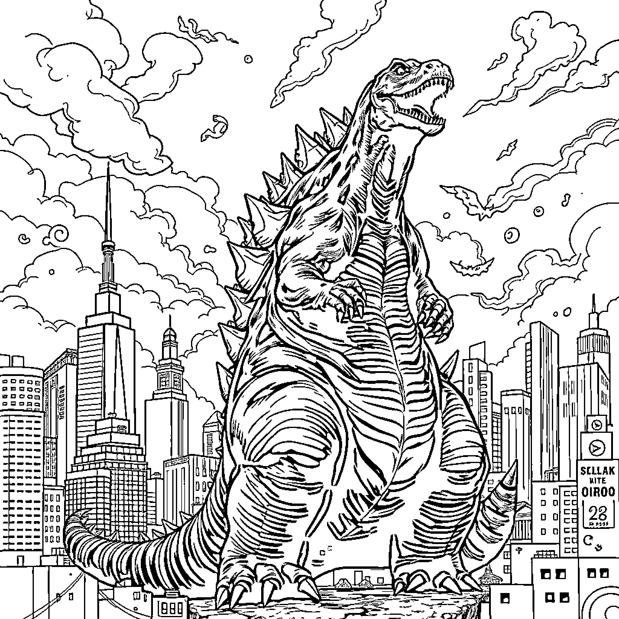 Godzilla Rampaging Through the City Coloring Page (free black-and-white line drawing printable PDF for all, from beginners to advanced learners, including children, teens, adults, and seniors)