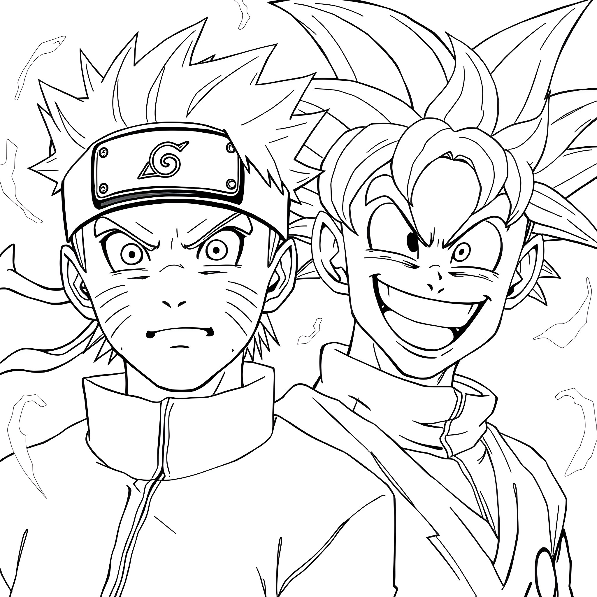Naruto and Goku in an intense battle Coloring Page (free black-and-white line drawing printable PDF for all, from beginners to advanced learners, including children, teens, adults, and seniors)