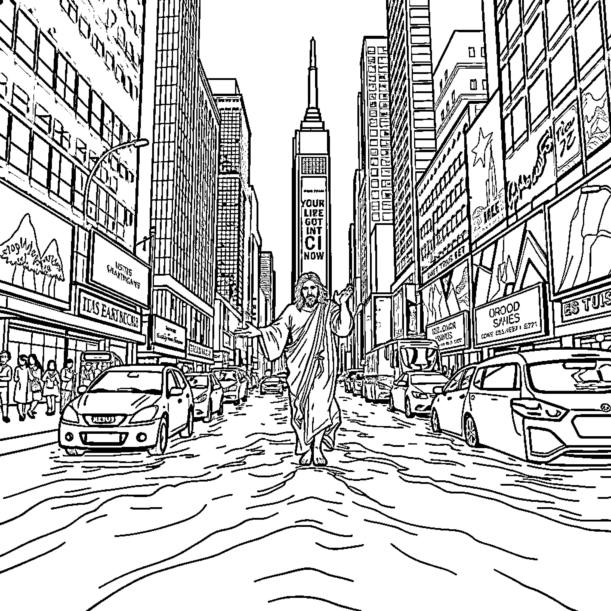 Jesus in the bustling city streets of New York Coloring Page (free black-and-white line drawing printable PDF for all, from beginners to advanced learners, including children, teens, adults, and seniors)