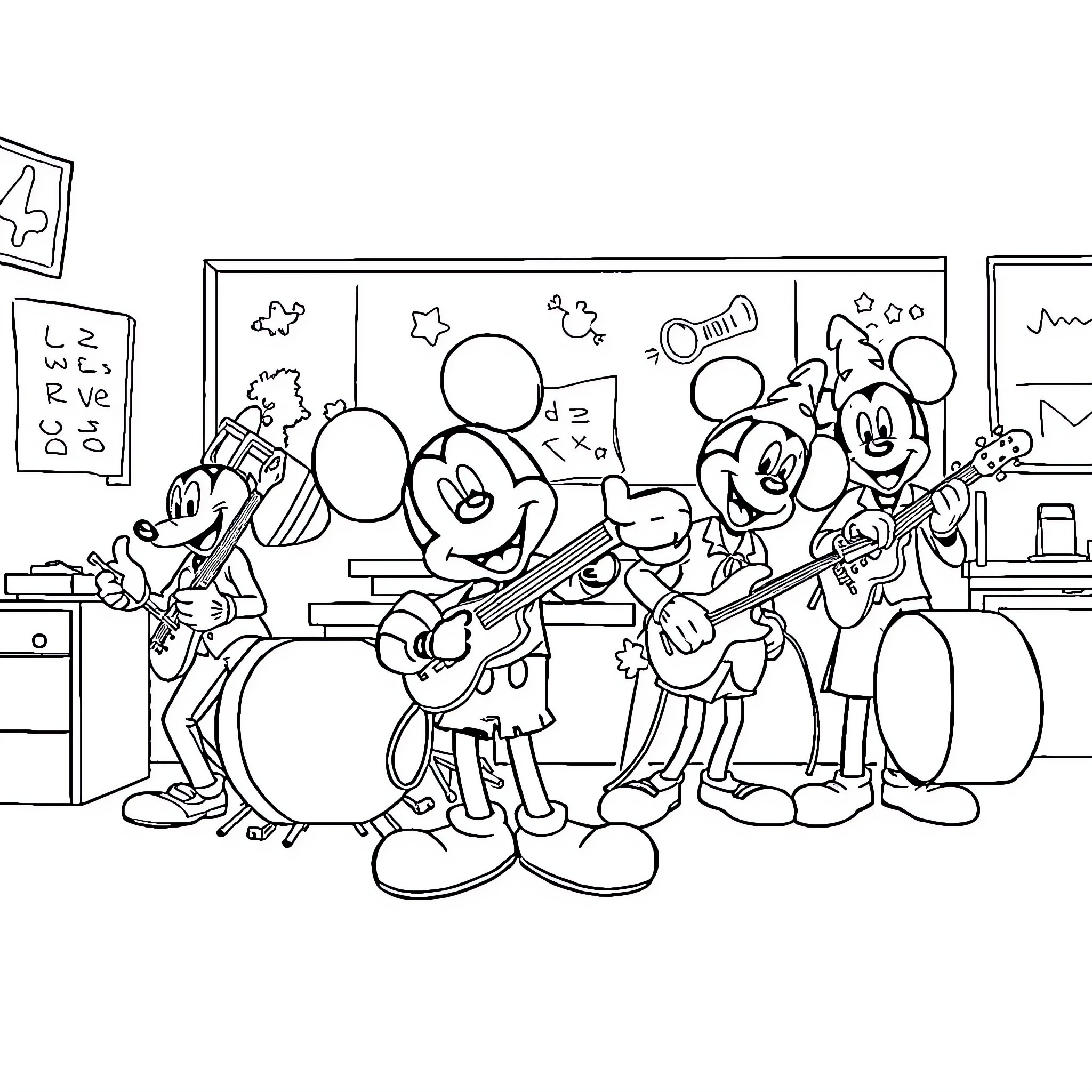 Mickey and Friends Perform on Stage Coloring Page (free black-and-white line drawing printable PDF for all, from beginners to advanced learners, including children, teens, adults, and seniors)