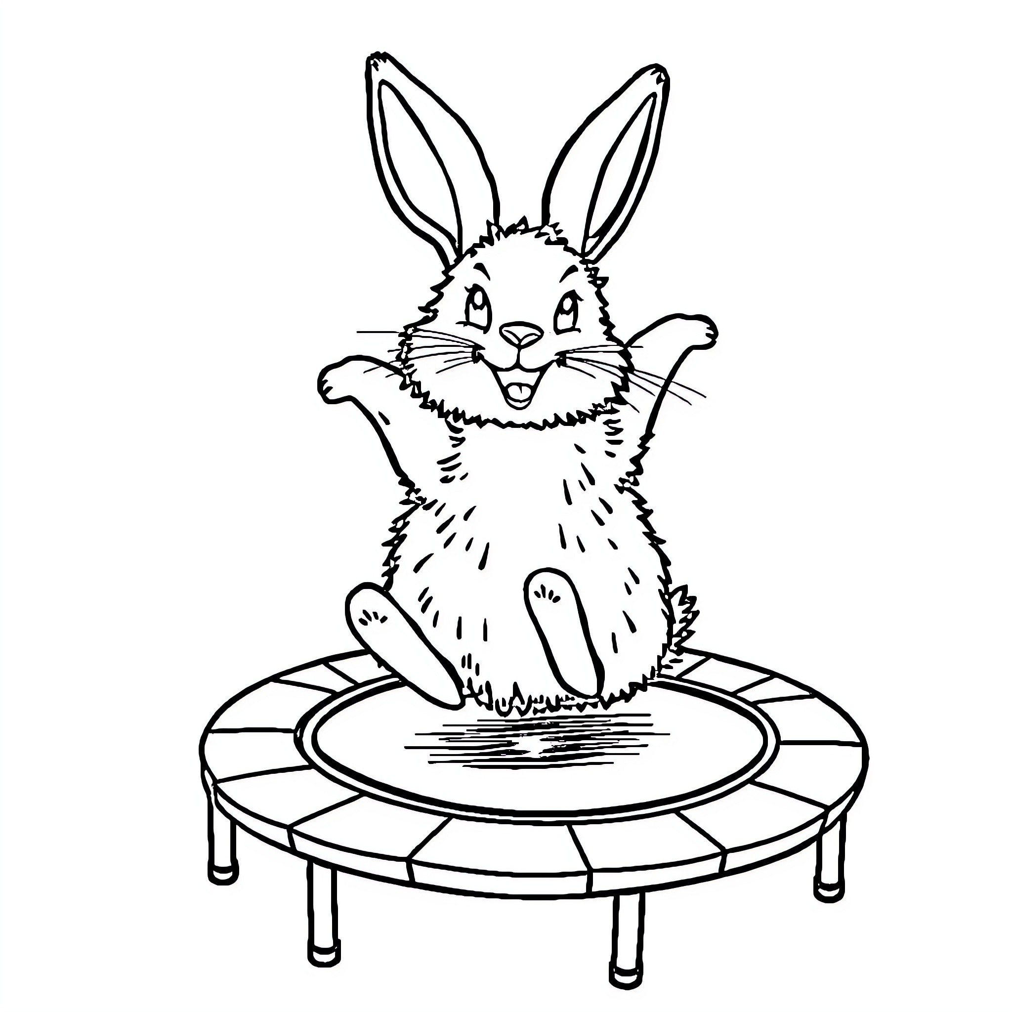 Rabbit joyfully bouncing on trampoline Coloring Page (free black-and-white line drawing printable PDF for all, from beginners to advanced learners, including children, teens, adults, and seniors)