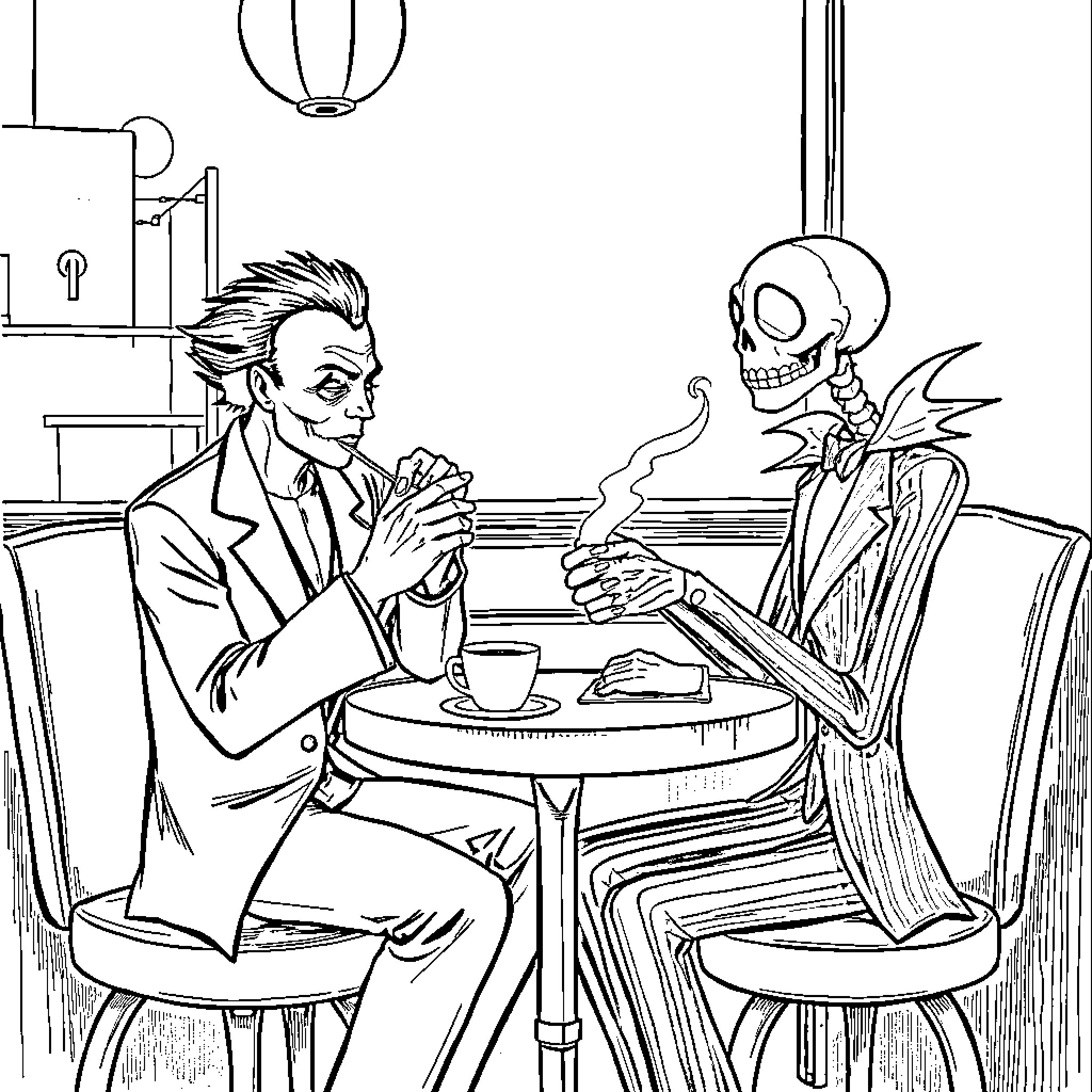 Michael Myers enjoying coffee with a skeleton companion Coloring Page (free black-and-white line drawing printable PDF for all, from beginners to advanced learners, including children, teens, adults, and seniors)