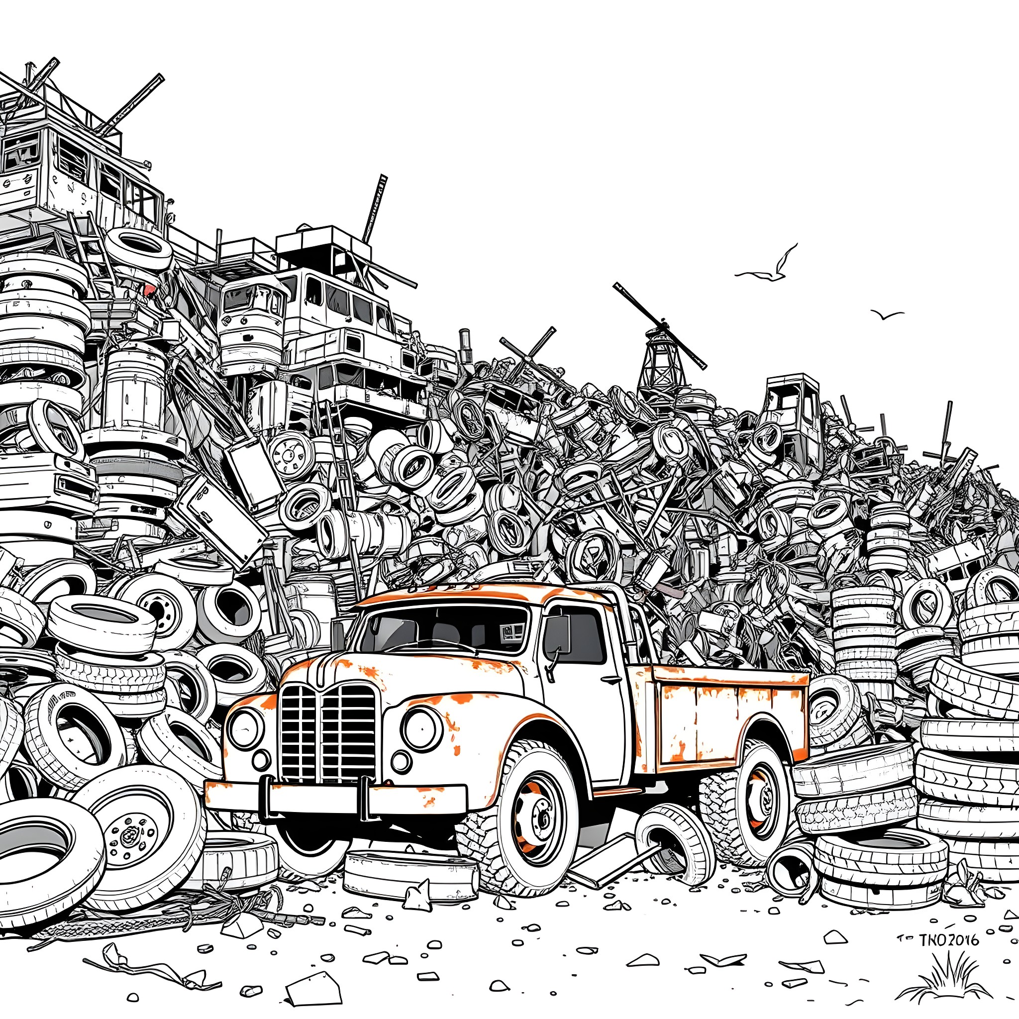 Pick Up Truck in a Junkyard of Discarded Machinery Coloring Page (free black-and-white line drawing printable PDF for all, from beginners to advanced learners, including children, teens, adults, and seniors)