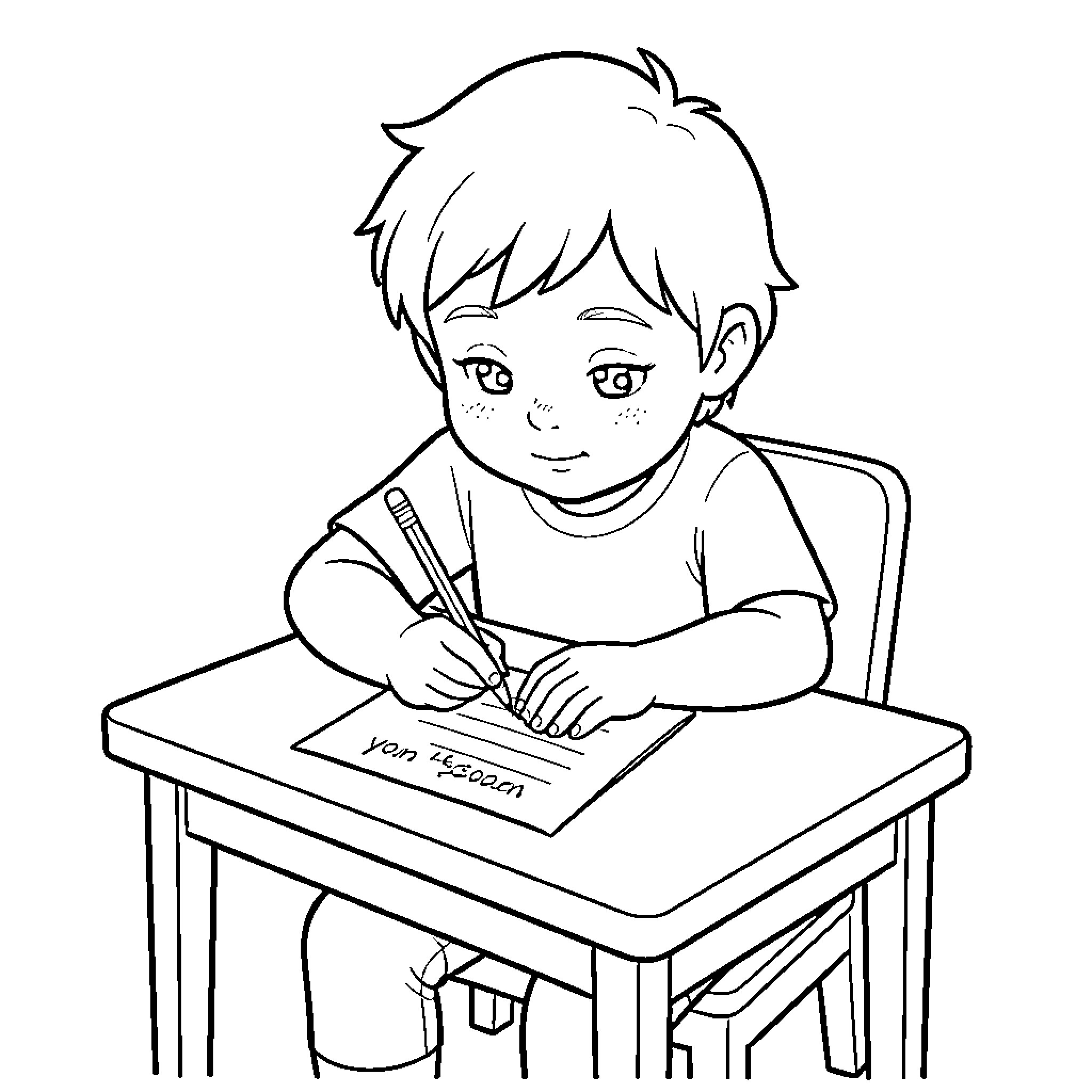 Child diligently working on schoolwork Coloring Page (free black-and-white line drawing printable PDF for all, from beginners to advanced learners, including children, teens, adults, and seniors)