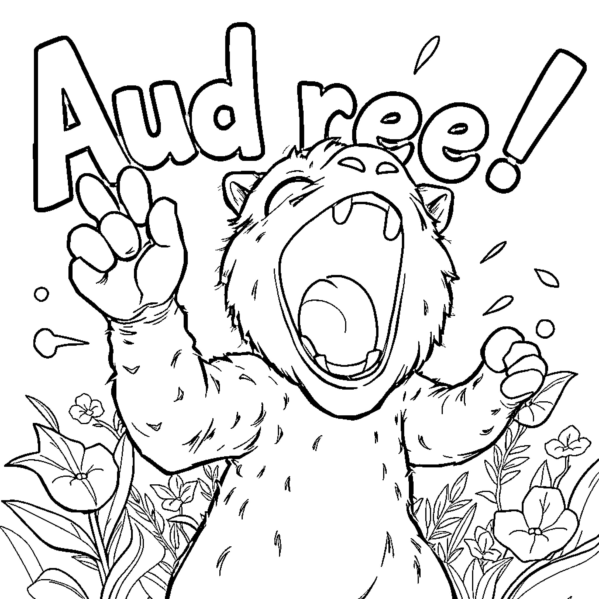 Labubu's Playful Roar in the Floral Meadow Coloring Page (free black-and-white line drawing printable PDF for all, from beginners to advanced learners, including children, teens, adults, and seniors)