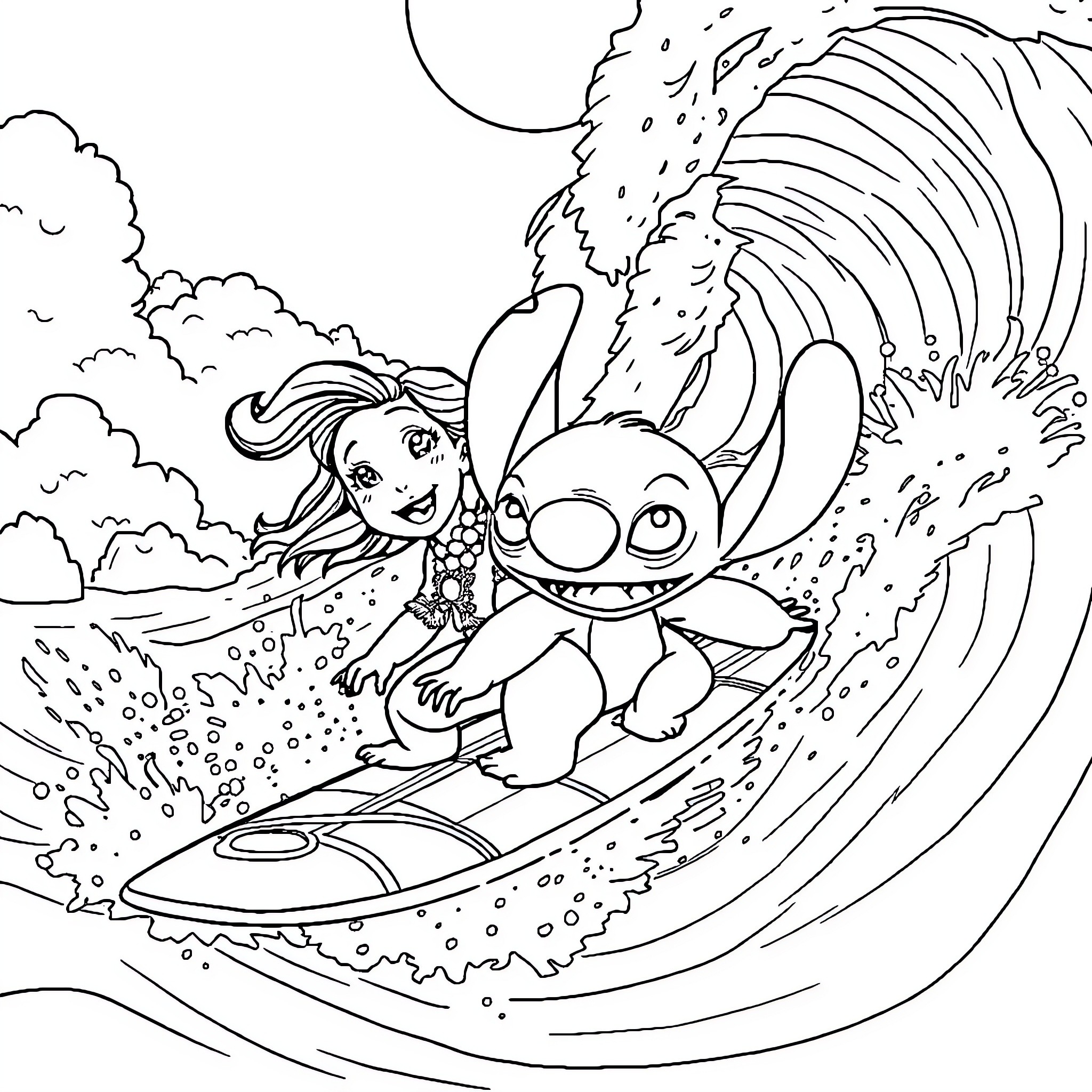 Lilo surfing with her beloved companion in the waves Coloring Page (free black-and-white line drawing printable PDF for all, from beginners to advanced learners, including children, teens, adults, and seniors)