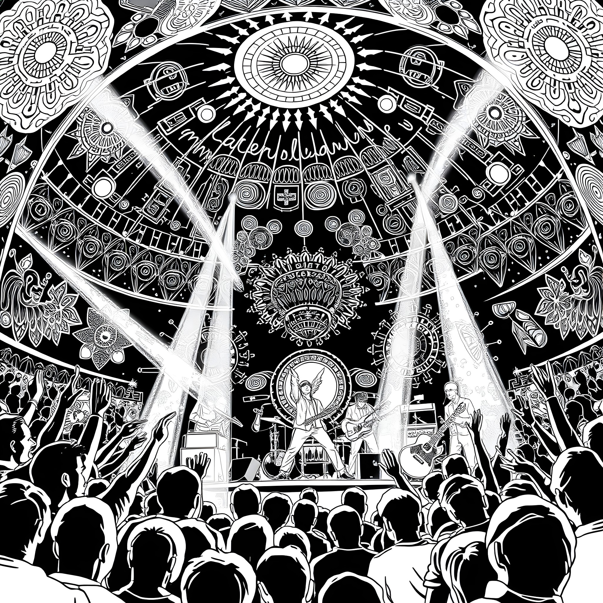 Grateful Dead Psychedelic Performance on Stage Coloring Page (free black-and-white line drawing printable PDF for all, from beginners to advanced learners, including children, teens, adults, and seniors)