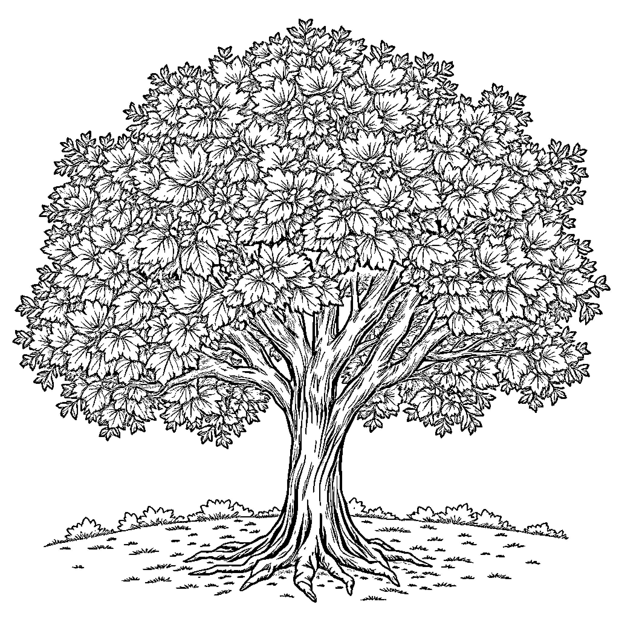 Debora Tree with Lush Foliage and Twisted Trunk Coloring Page (free black-and-white line drawing printable PDF for all, from beginners to advanced learners, including children, teens, adults, and seniors)
