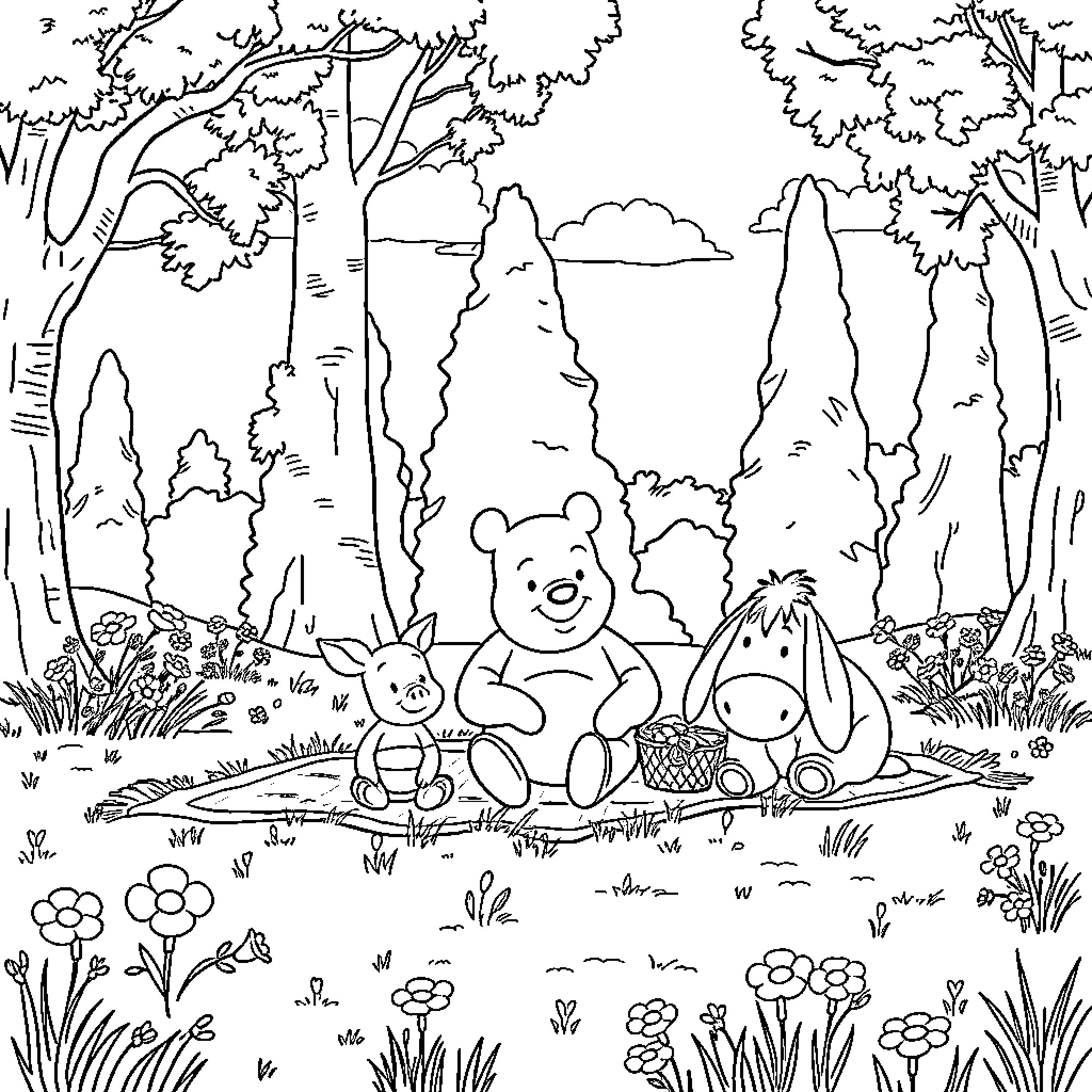 Winnie The Pooh Enjoying Nature with Friends Coloring Page (free black-and-white line drawing printable PDF for all, from beginners to advanced learners, including children, teens, adults, and seniors)
