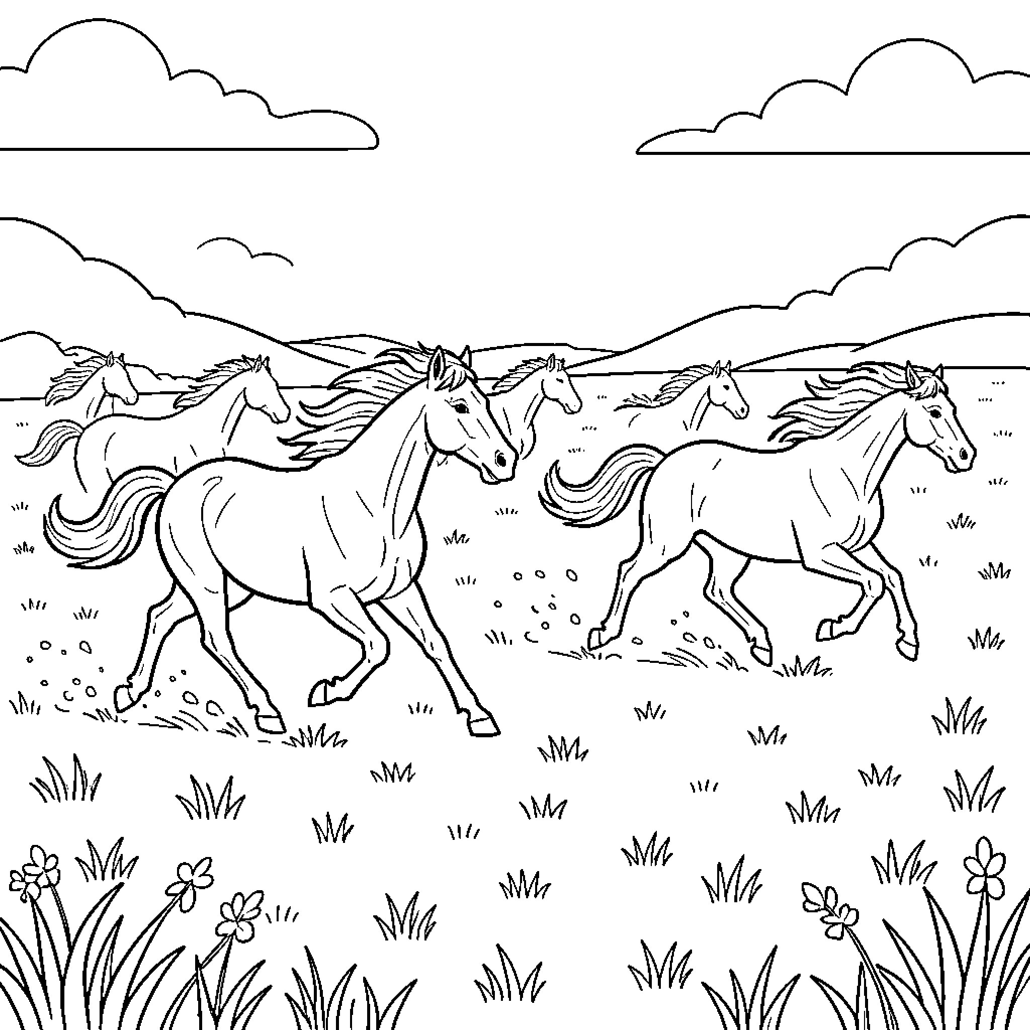 Horse herd running through a grassy field Coloring Page (free black-and-white line drawing printable PDF for all, from beginners to advanced learners, including children, teens, adults, and seniors)