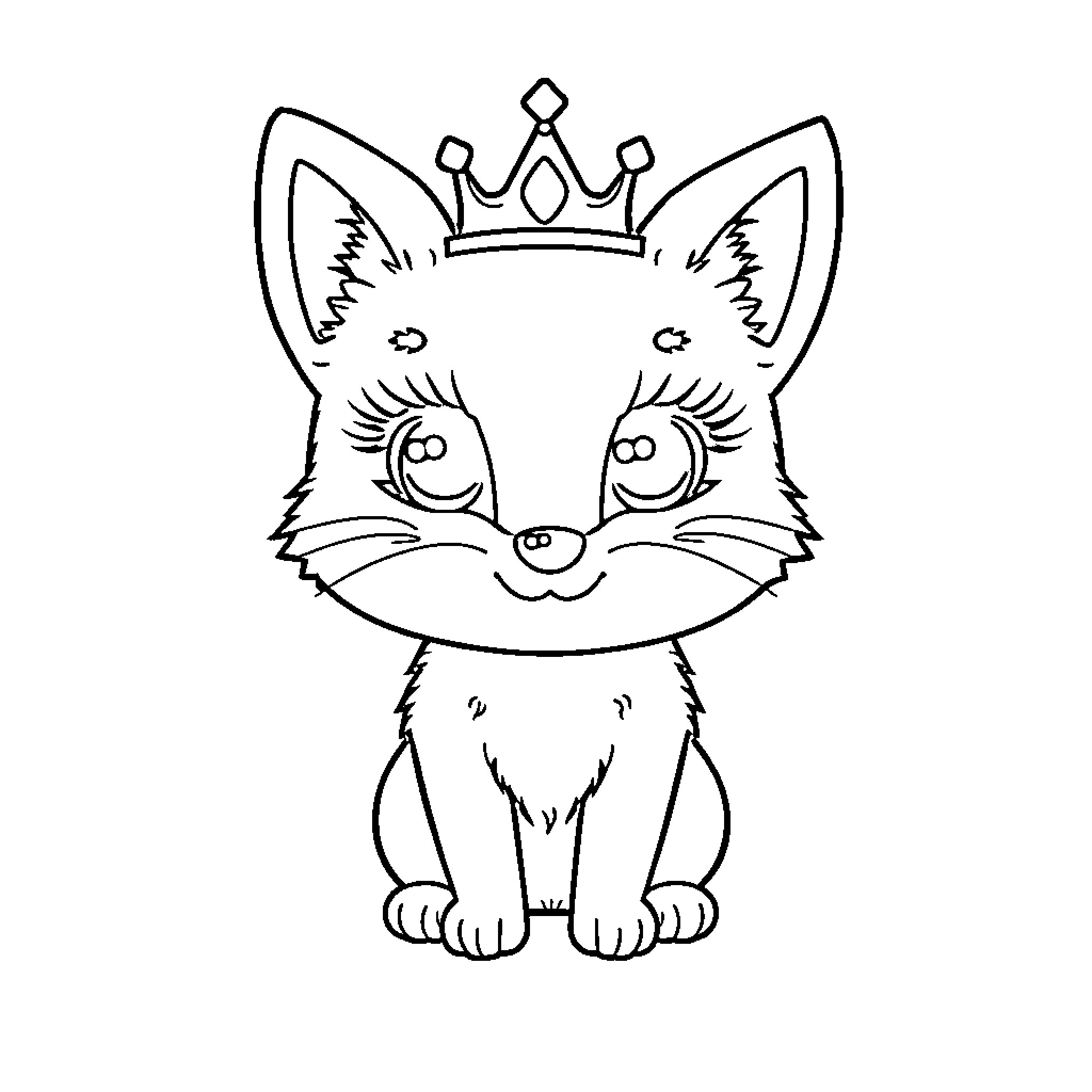 Fox wearing a crown with a cheerful expression Coloring Page (free black-and-white line drawing printable PDF for all, from beginners to advanced learners, including children, teens, adults, and seniors)