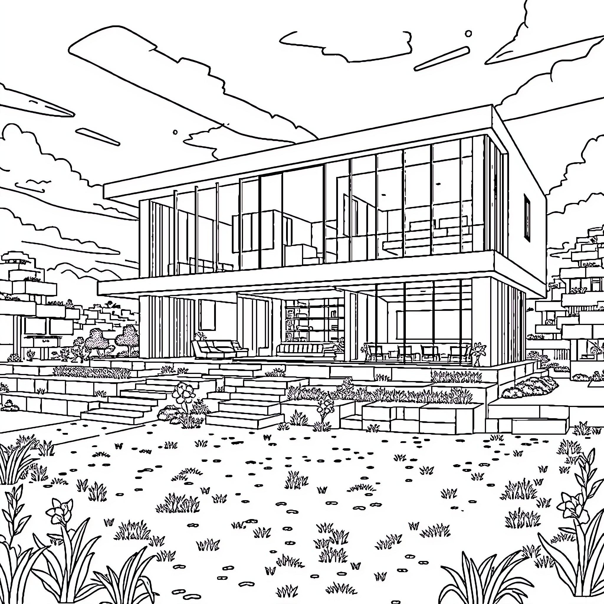 Mansion with Modern Architecture and Lush Landscape Coloring Page (free black-and-white line drawing printable PDF for all, from beginners to advanced learners, including children, teens, adults, and seniors)