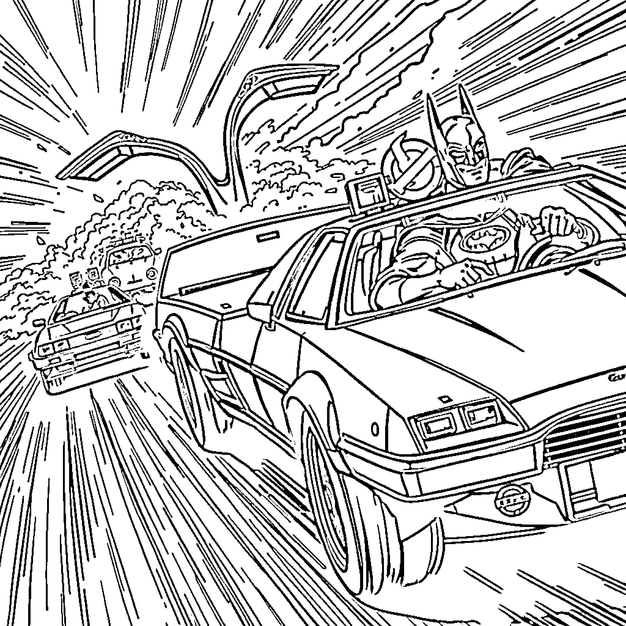 Car racing through the city in a blur Coloring Page (free black-and-white line drawing printable PDF for all, from beginners to advanced learners, including children, teens, adults, and seniors)