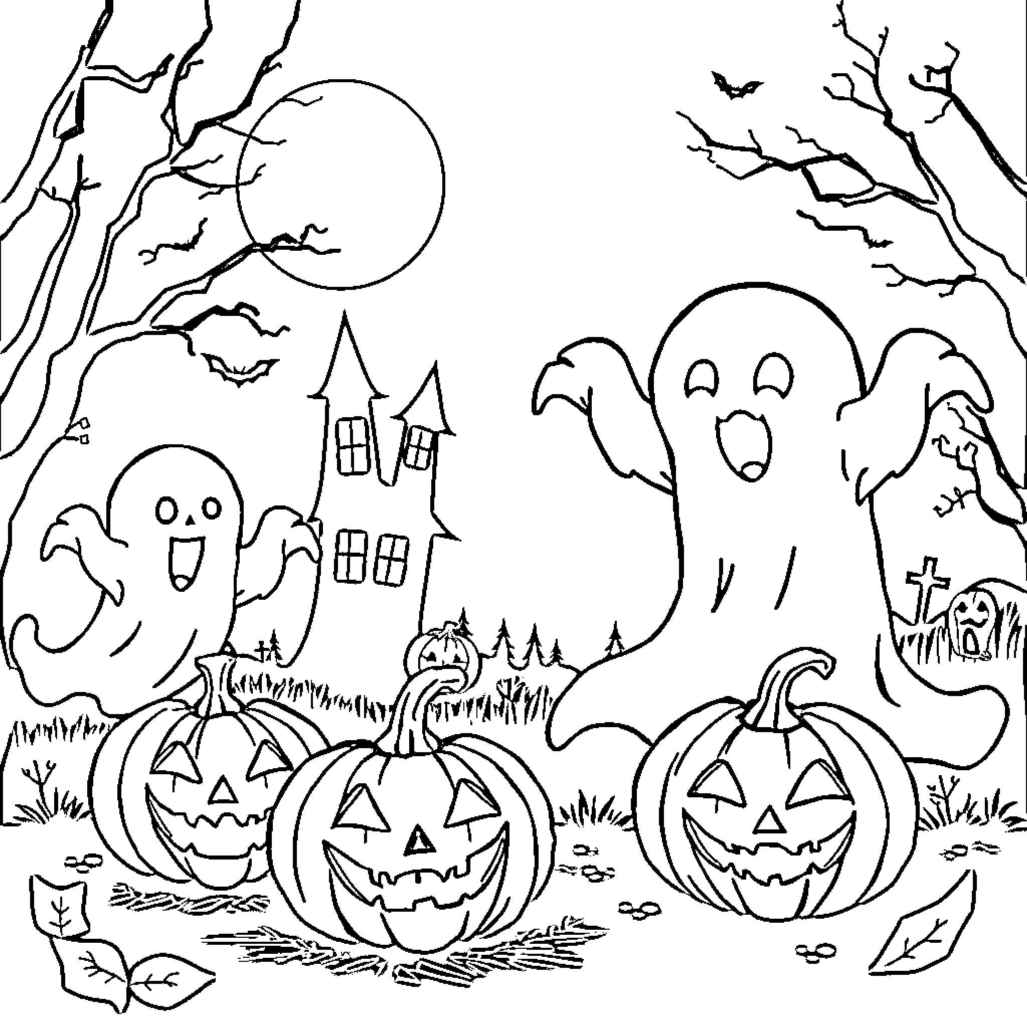 Halloween night with ghosts, pumpkins, and haunted house Coloring Page (free black-and-white line drawing printable PDF for all, from beginners to advanced learners, including children, teens, adults, and seniors)