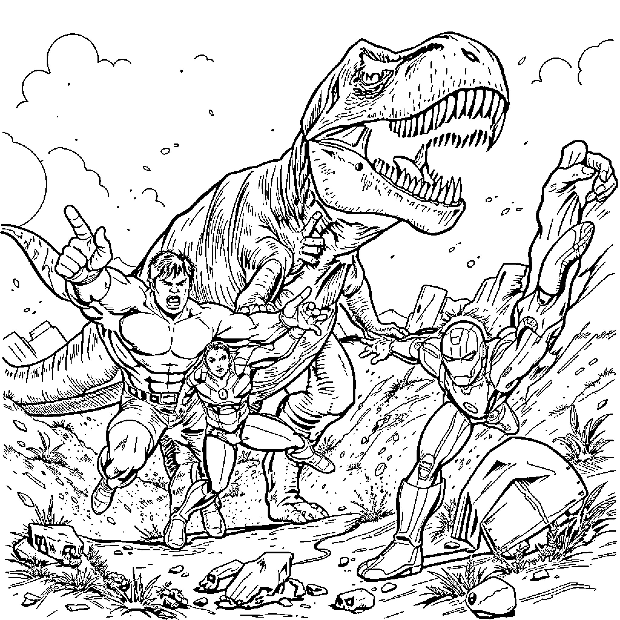 Hulk battles prehistoric beasts and saves companions Coloring Page (free black-and-white line drawing printable PDF for all, from beginners to advanced learners, including children, teens, adults, and seniors)