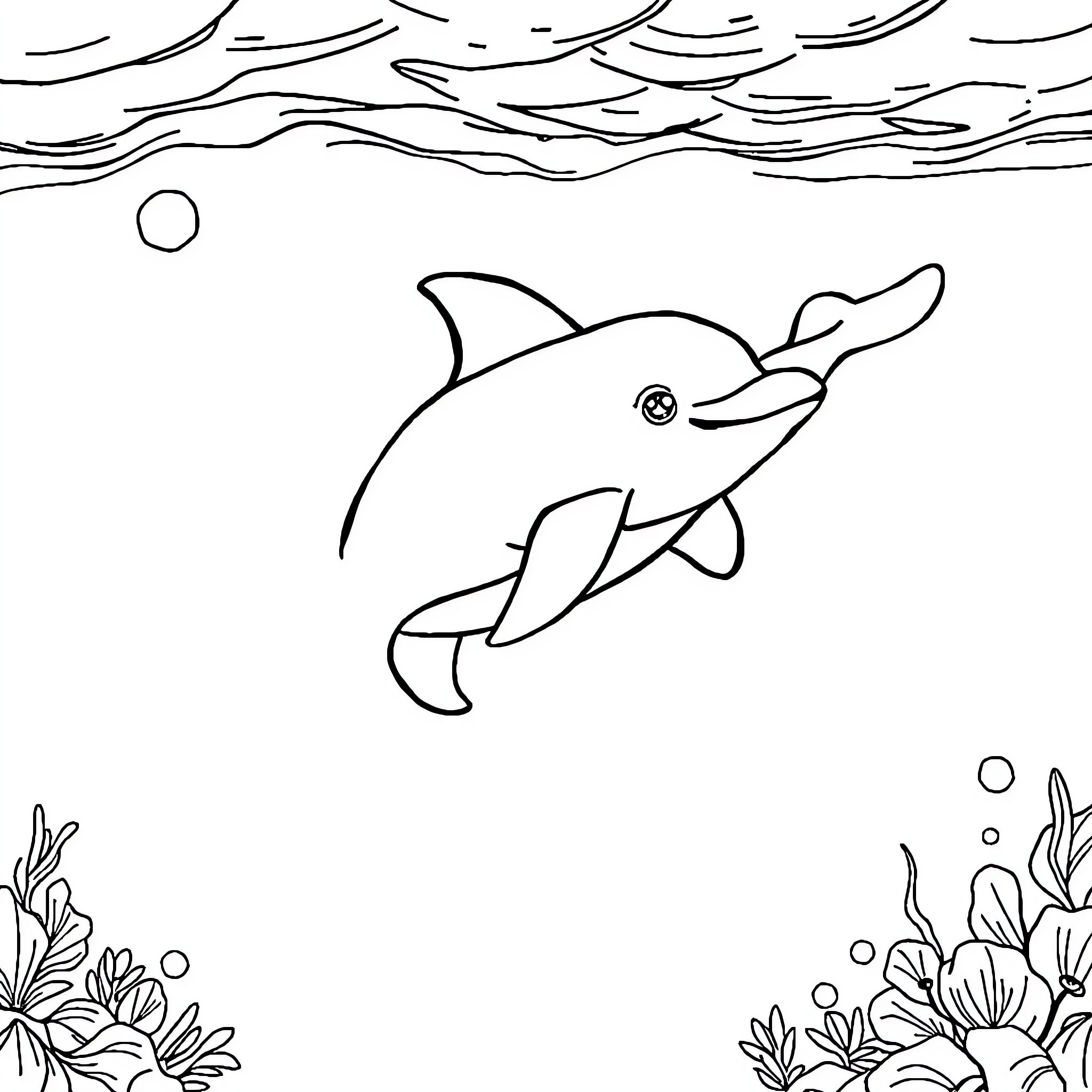 Dolphin swimming joyfully in the ocean Coloring Page (free black-and-white line drawing printable PDF for all, from beginners to advanced learners, including children, teens, adults, and seniors)