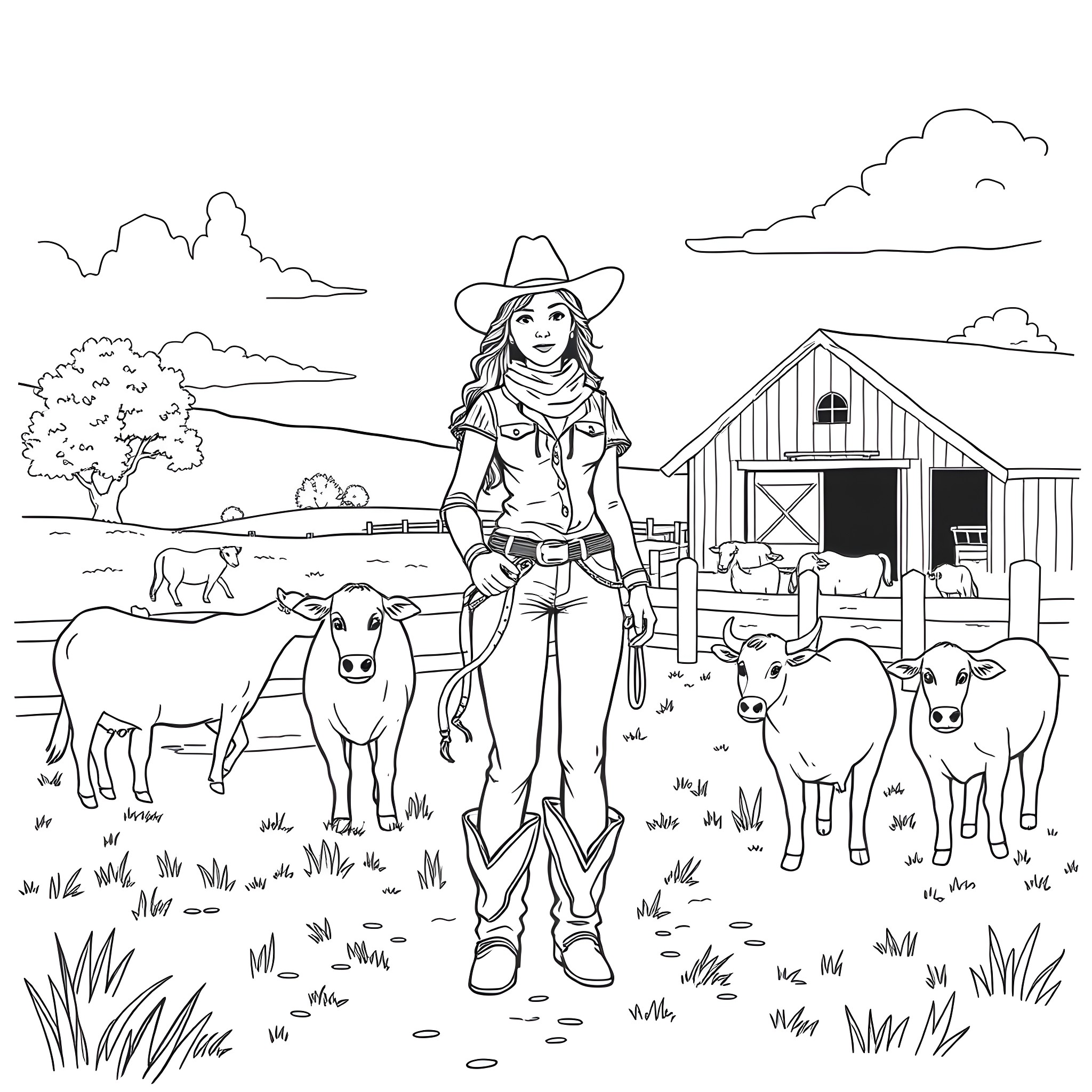 Cowgirl interacting with livestock on a farm Coloring Page (free black-and-white line drawing printable PDF for all, from beginners to advanced learners, including children, teens, adults, and seniors)