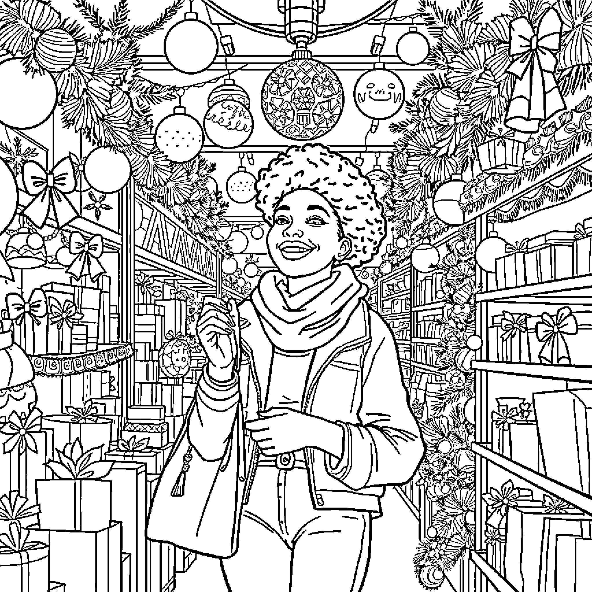 Woman browsing Christmas decorations in a festive store Coloring Page (free black-and-white line drawing printable PDF for all, from beginners to advanced learners, including children, teens, adults, and seniors)