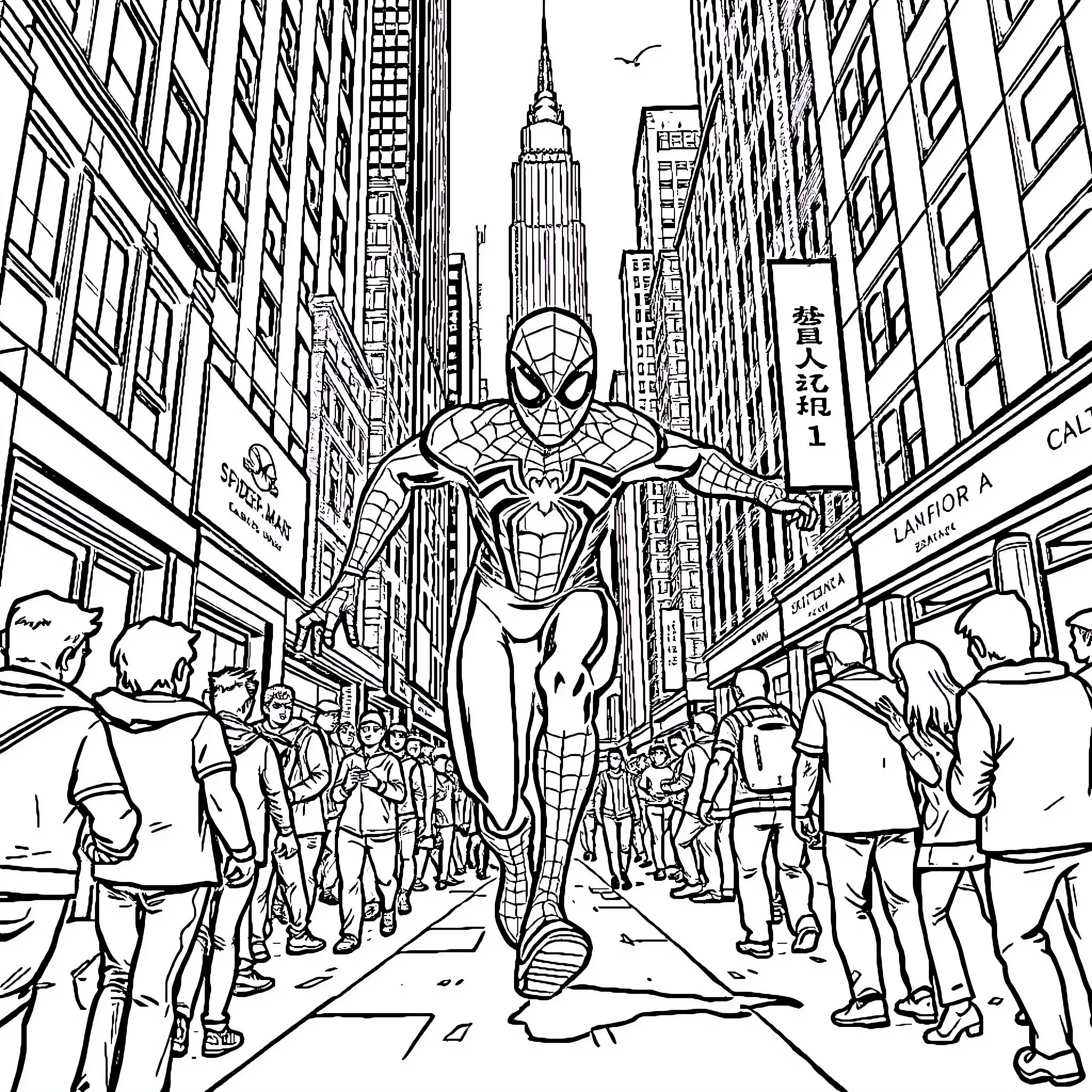 Spider-Man swinging through the bustling city streets Coloring Page (free black-and-white line drawing printable PDF for all, from beginners to advanced learners, including children, teens, adults, and seniors)