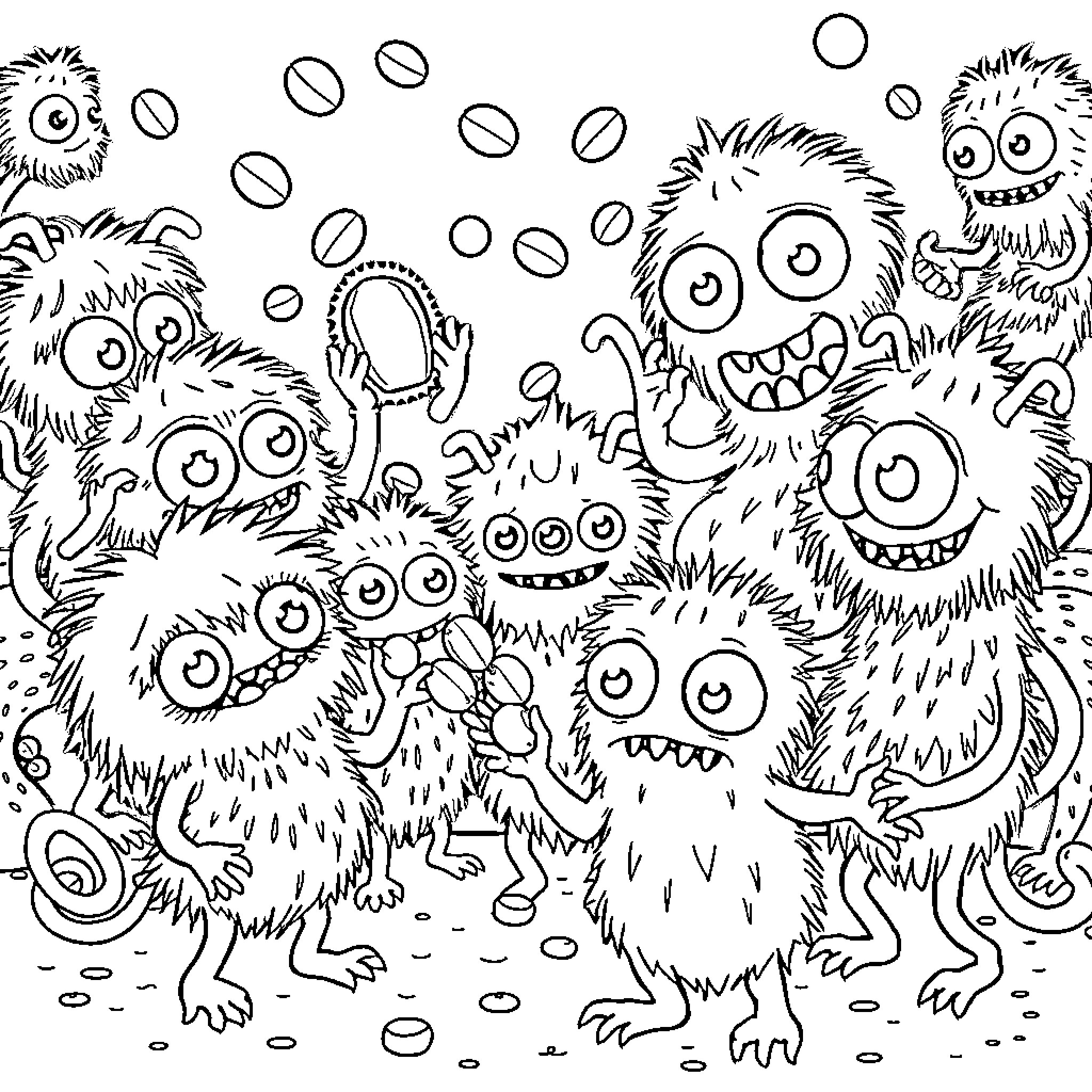 Monster Mayhem: A Monstrous Gathering Coloring Page (free black-and-white line drawing printable PDF for all, from beginners to advanced learners, including children, teens, adults, and seniors)