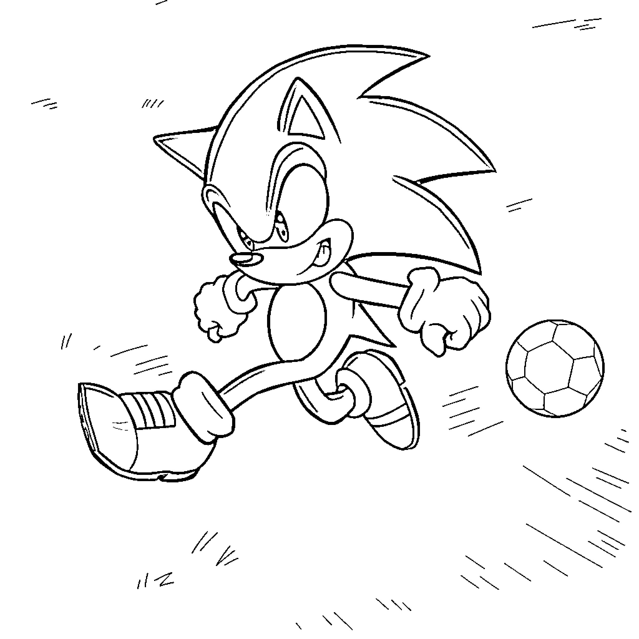 Sonic playing with a soccer ball Coloring Page (free black-and-white line drawing printable PDF for all, from beginners to advanced learners, including children, teens, adults, and seniors)